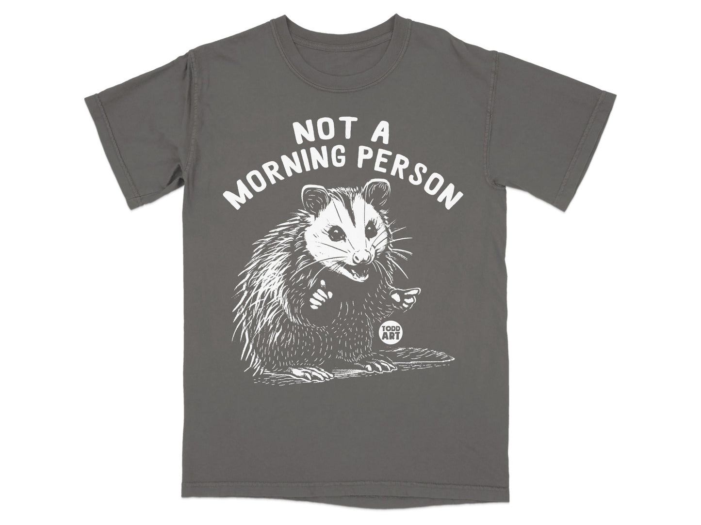 Gray t-shirt with white illustration of a possum and text "NOT A MORNING PERSON".