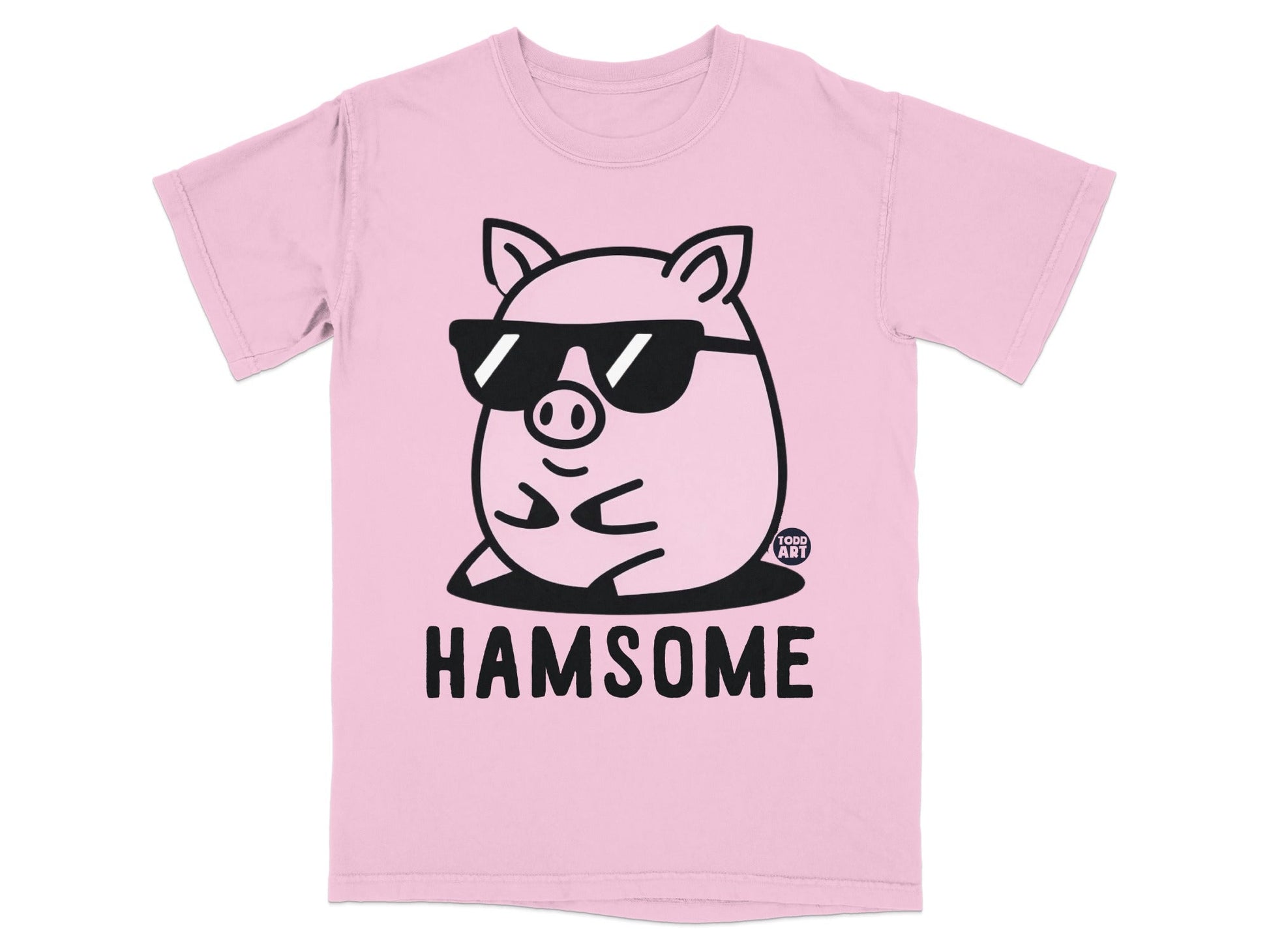 Pink t-shirt with a cartoon pig wearing sunglasses and the text "HAMSOME".