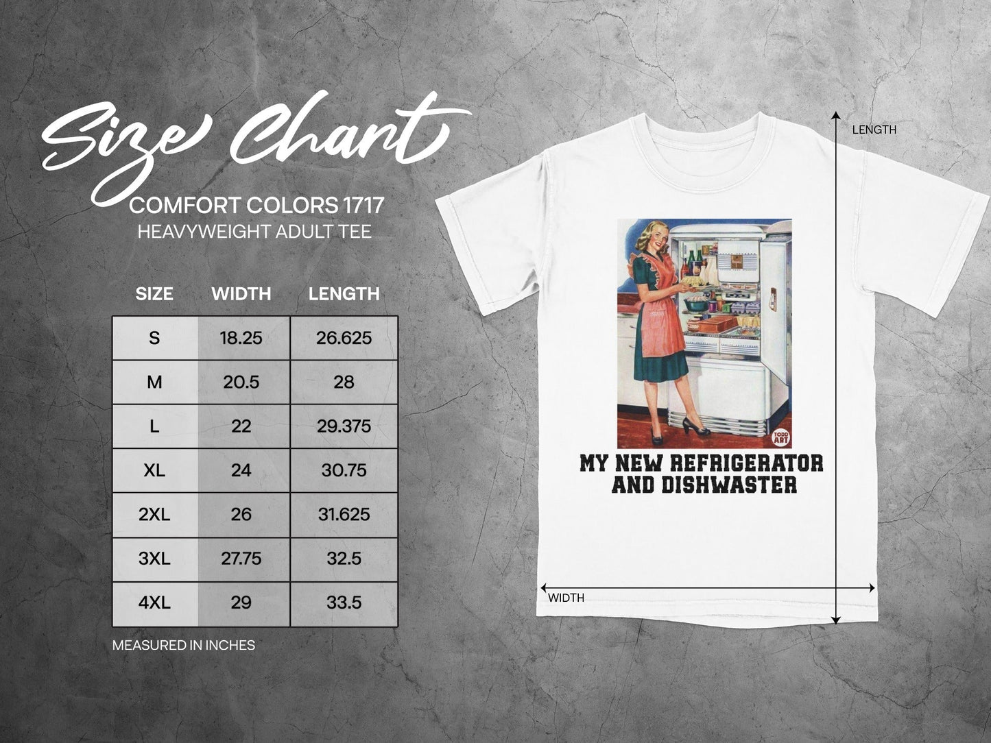 Comfort Colors 1717 heavyweight t-shirt size chart with vintage illustration.