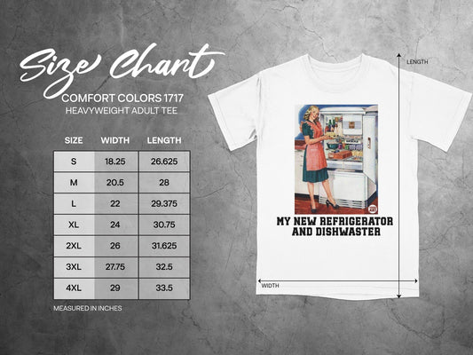 Comfort Colors 1717 heavyweight t-shirt size chart with vintage illustration.