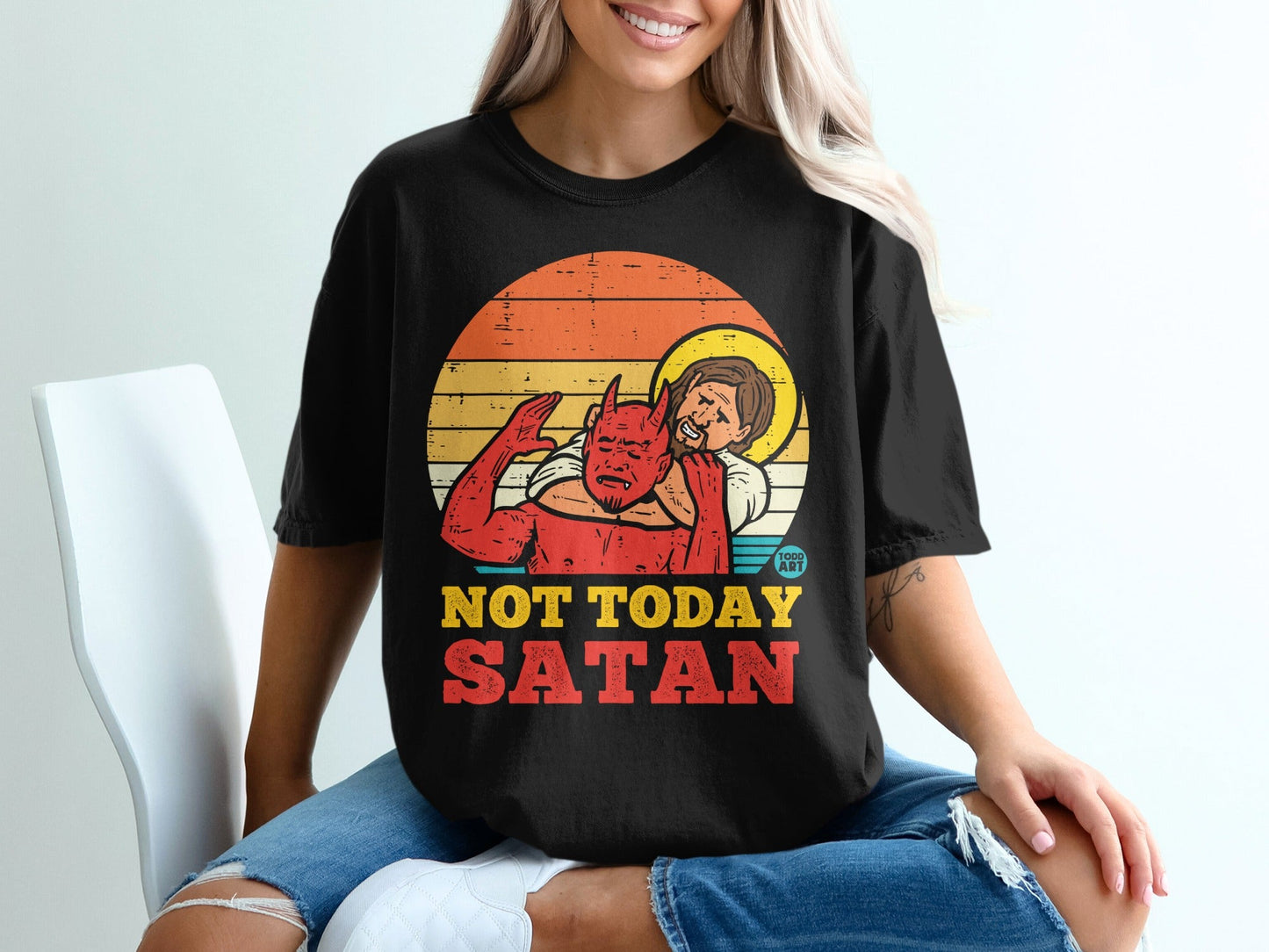 Jesus in sunset graphic on black t-shirt with text "NOT TODAY SATAN".