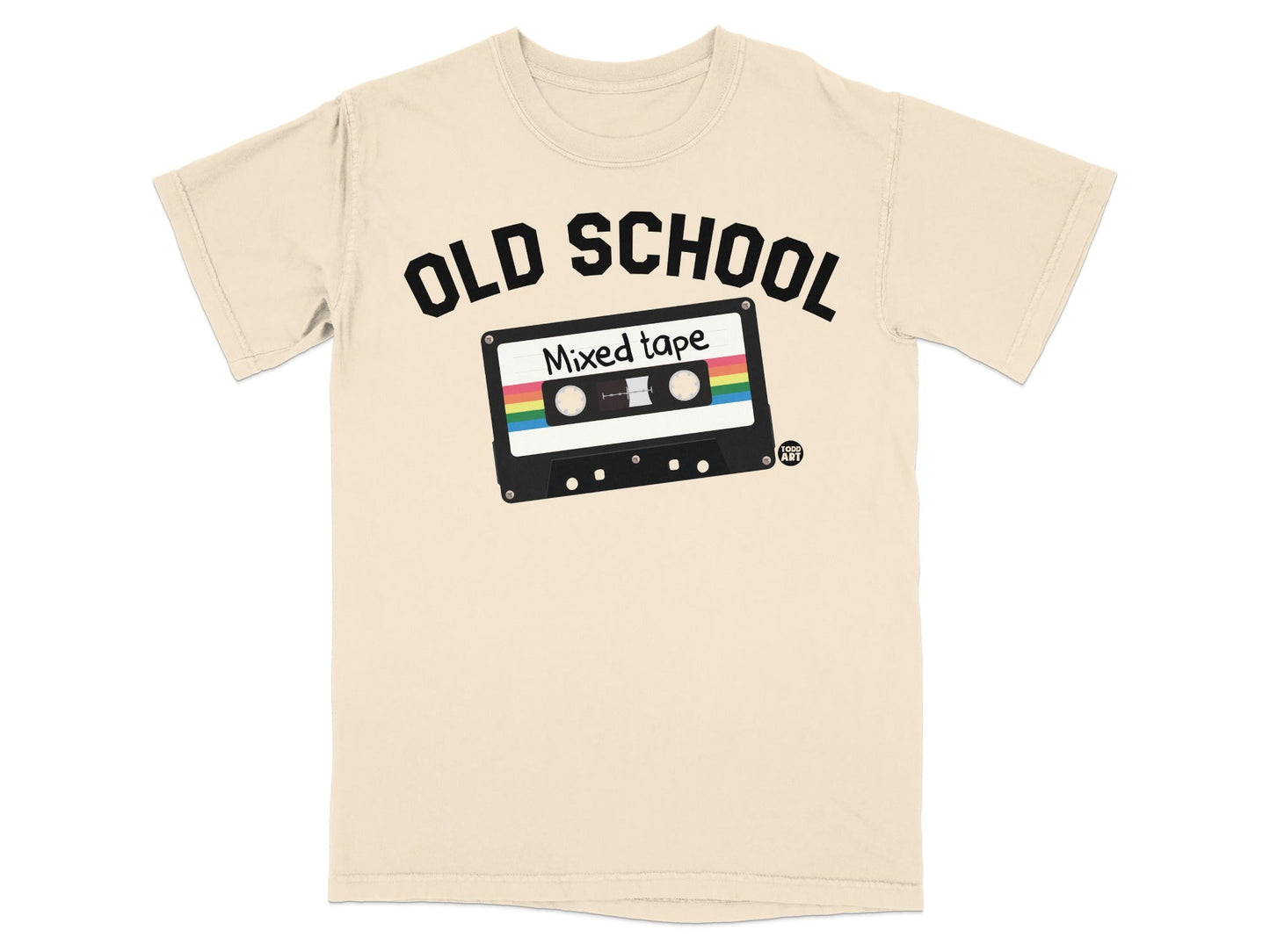 Cream t-shirt with "OLD SCHOOL Mixed tape" graphic.