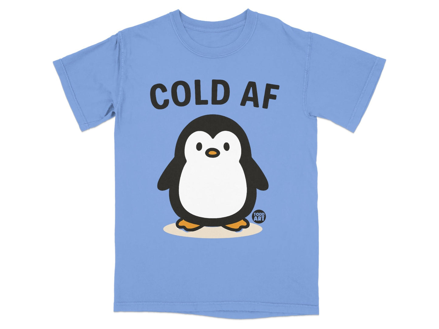 Light blue t-shirt with "COLD AF" text and a cartoon penguin.