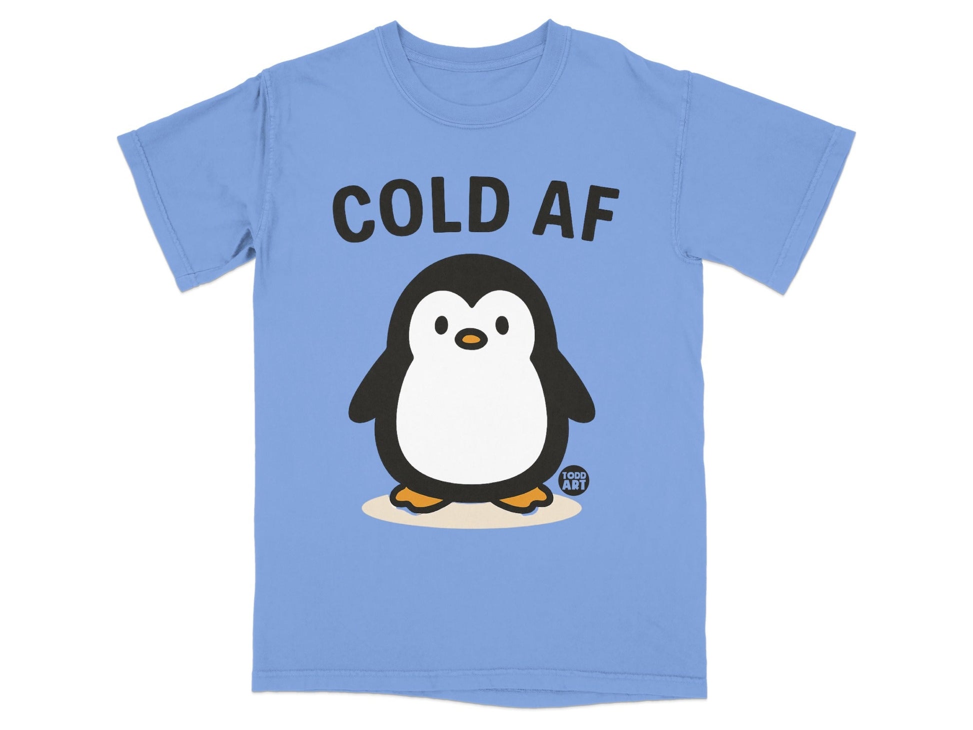 Light blue t-shirt with "COLD AF" text and a cartoon penguin.