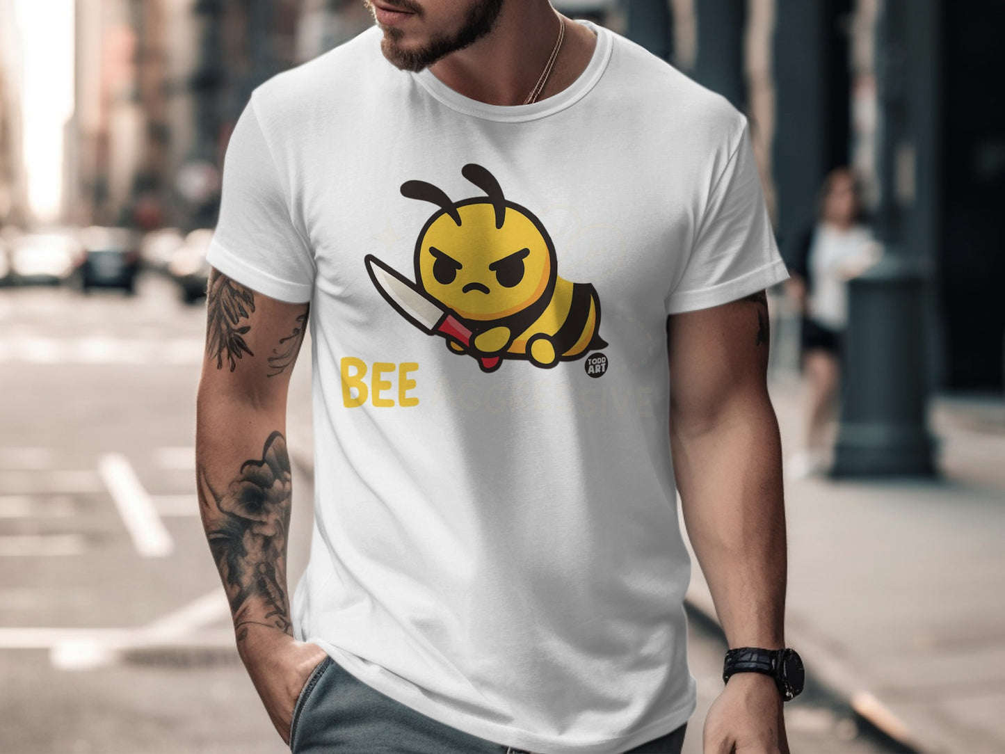 Funny Bee Aggressive Knife Character T-Shirt