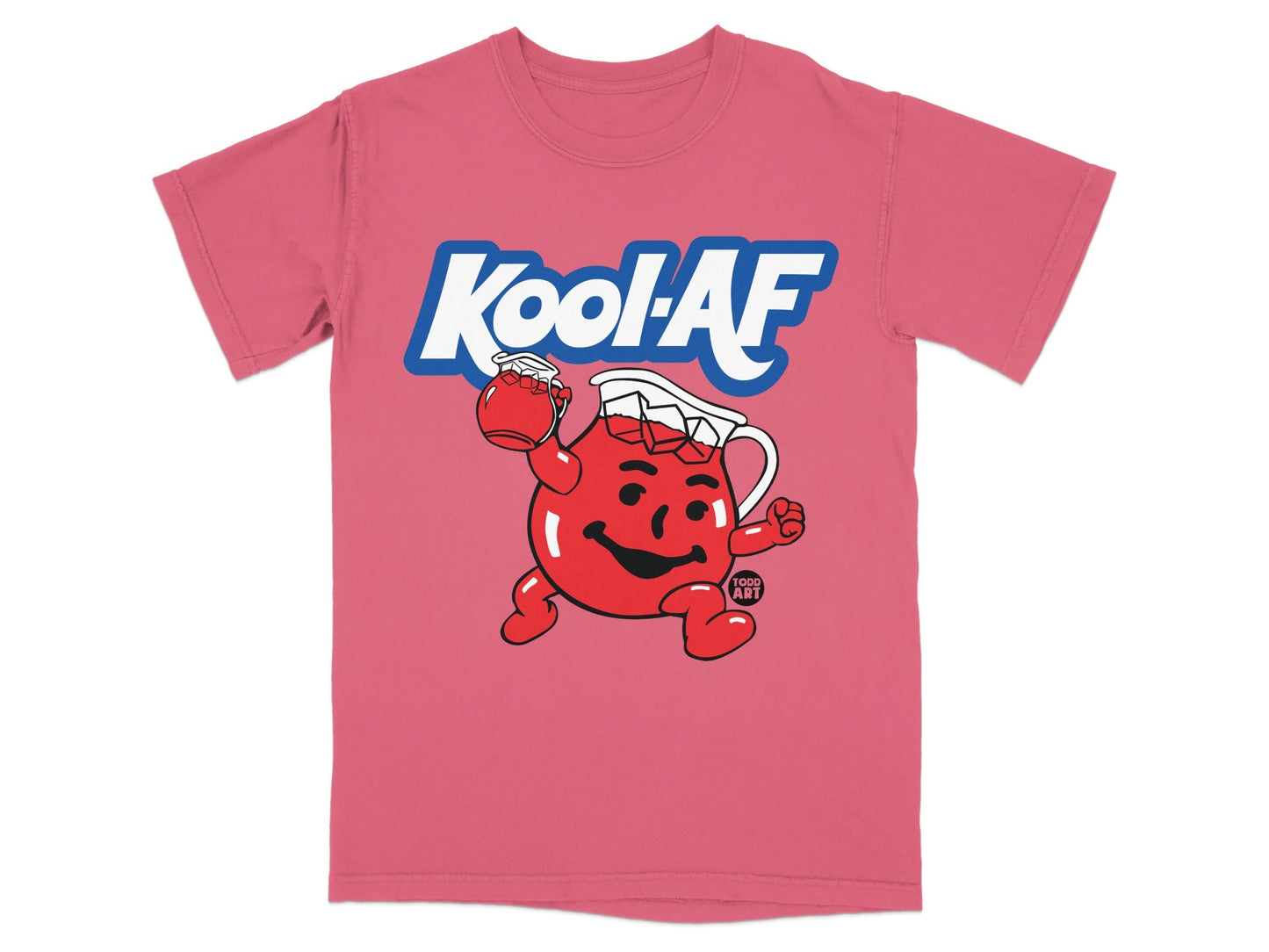 Kool-Aid Man cartoon character holding a pitcher of red Kool-Aid on a pink t-shirt.