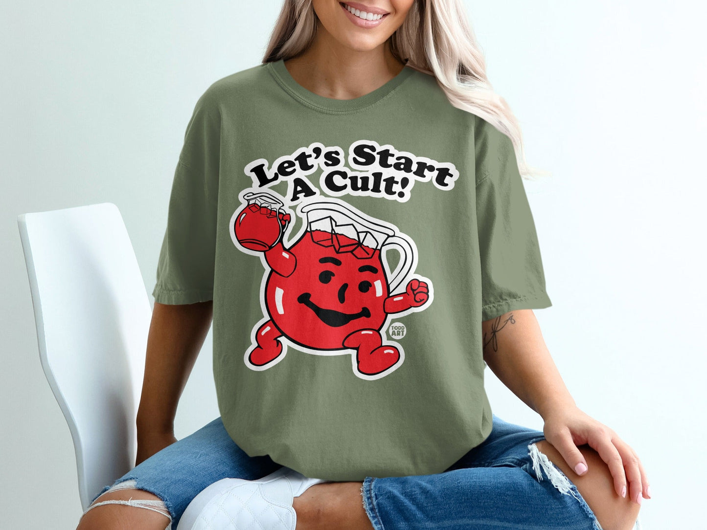 Kool-Aid Man in t-shirt with "Let's Start A Cult!" text.