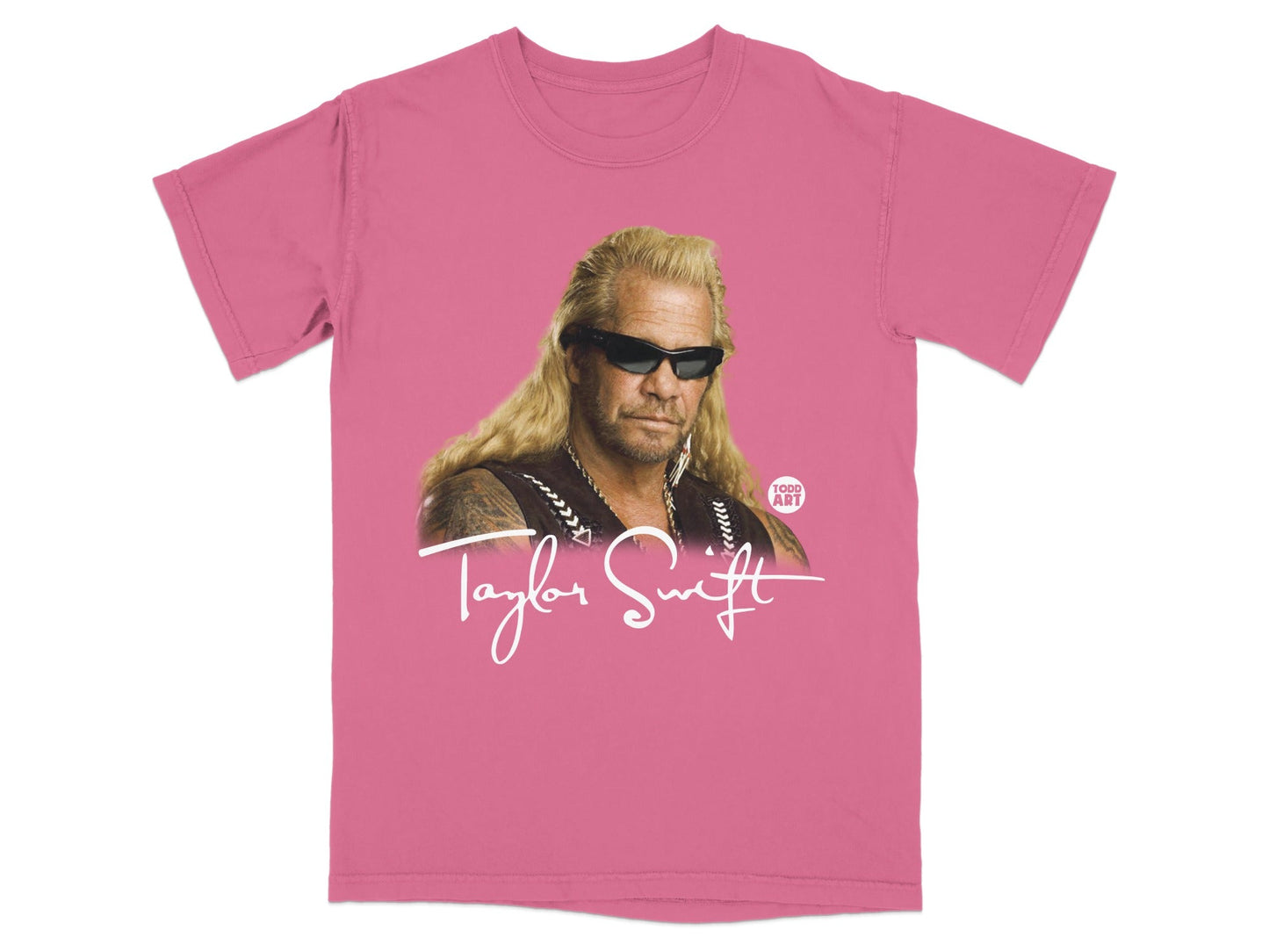 Pink t-shirt with graphic of Dog the Bounty Hunter and "Taylor Swift" text.