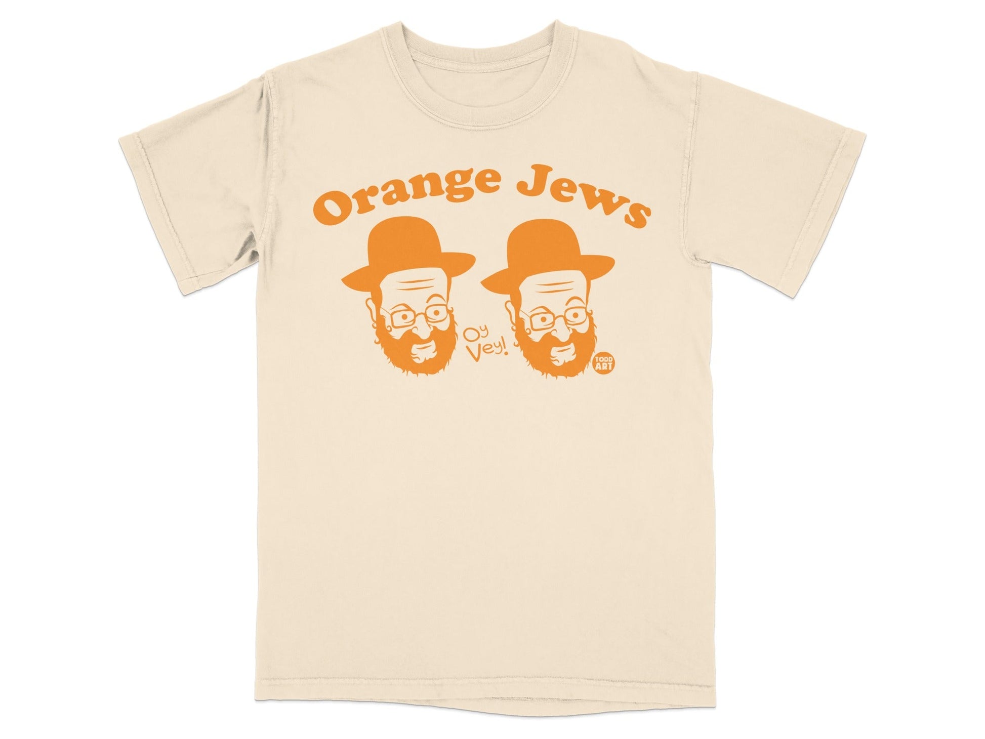 Cream t-shirt with "Orange Jews Oy Vey!" graphic featuring two cartoon men.
