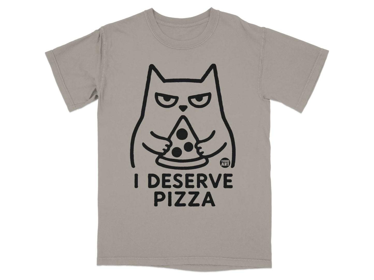 T-shirt with a black line drawing of a grumpy cat holding a slice of pizza.