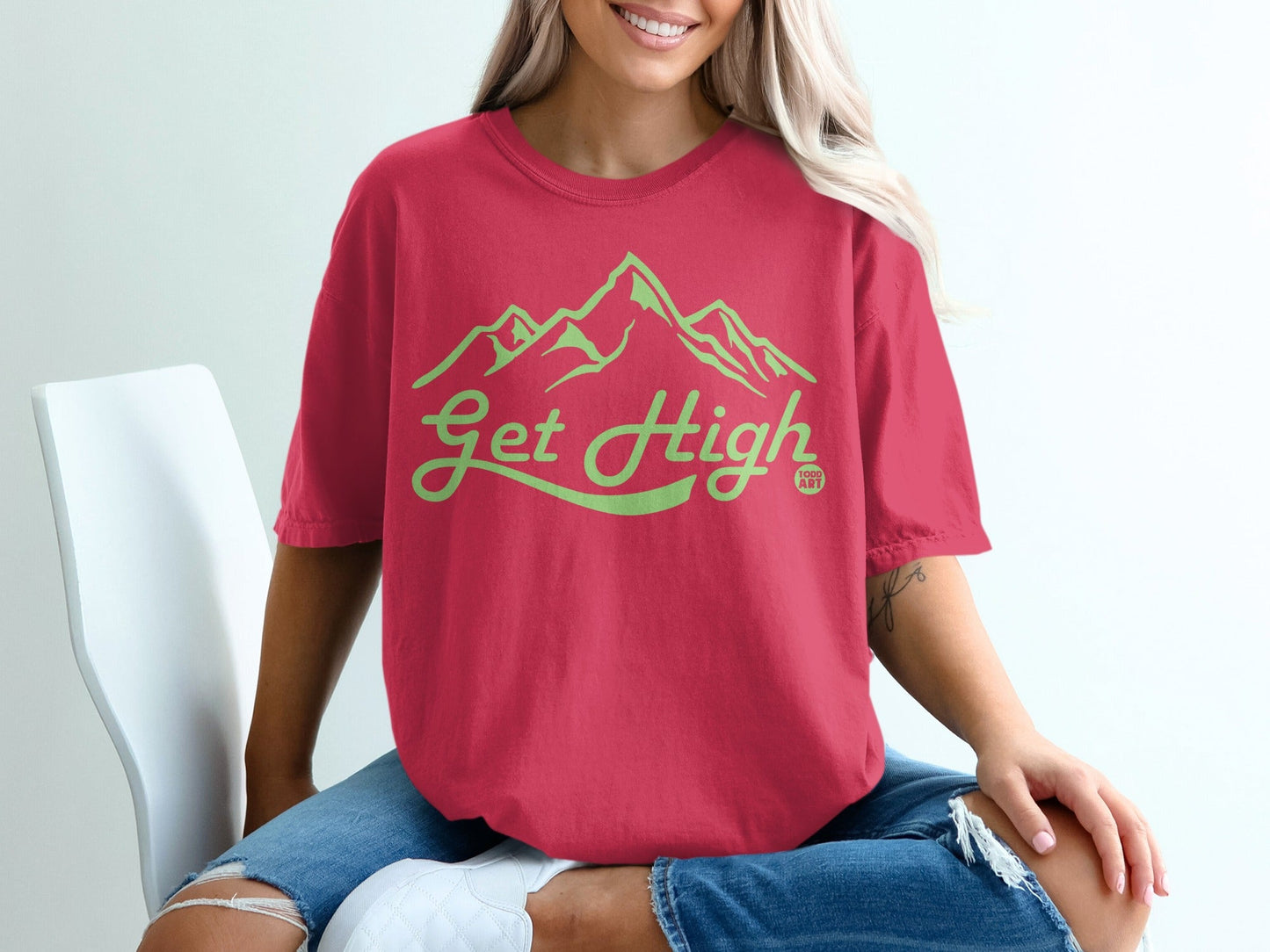 Red t-shirt with "Get High" and mountain graphic, 1996 ART logo.