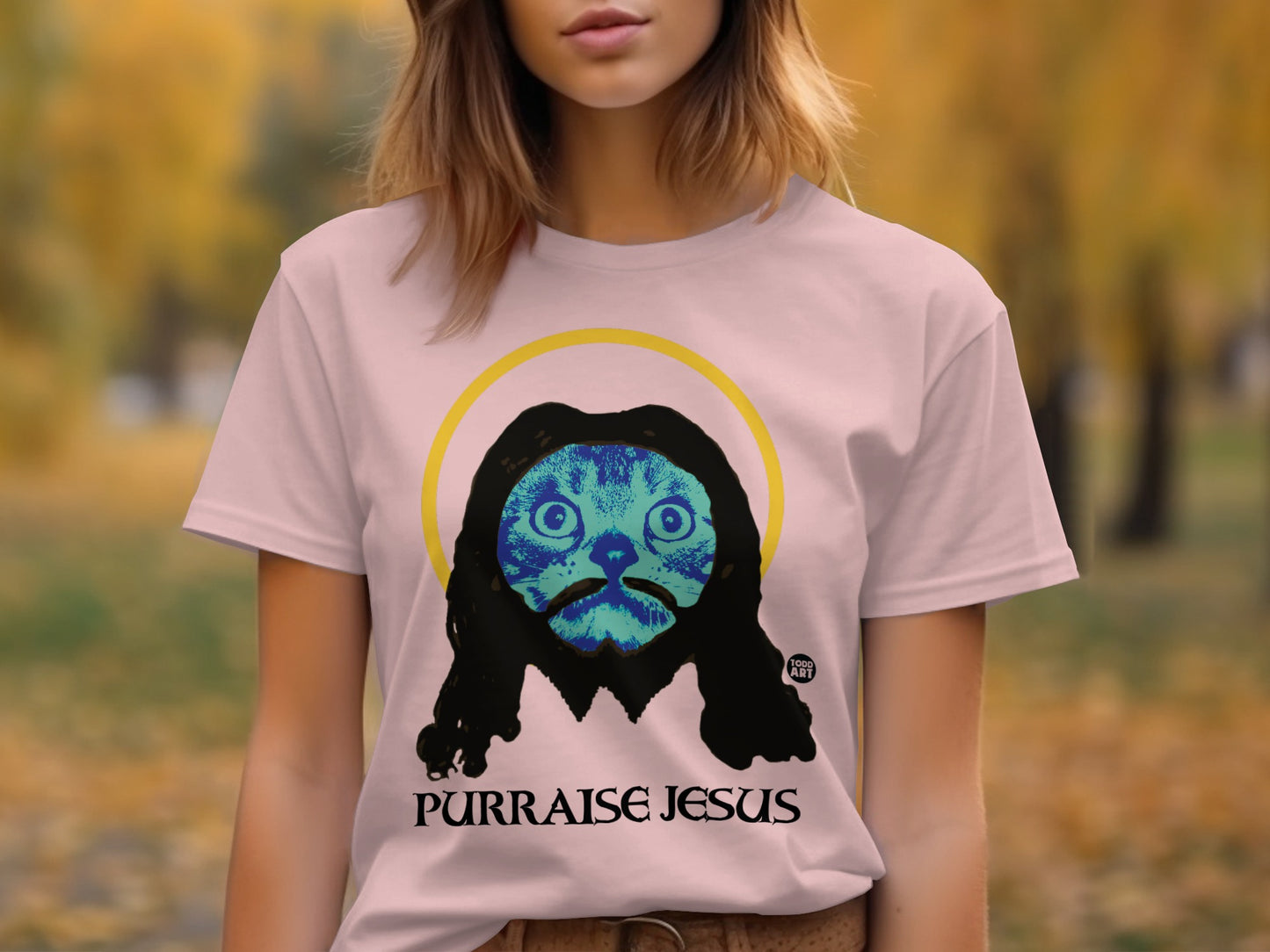 Purr Raise Jesus Cat Design Funny Graphic T-shirt