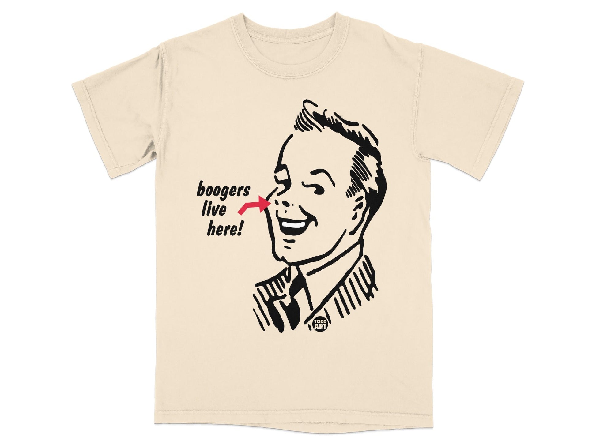 Man pointing to nose with text "boogers live here!"