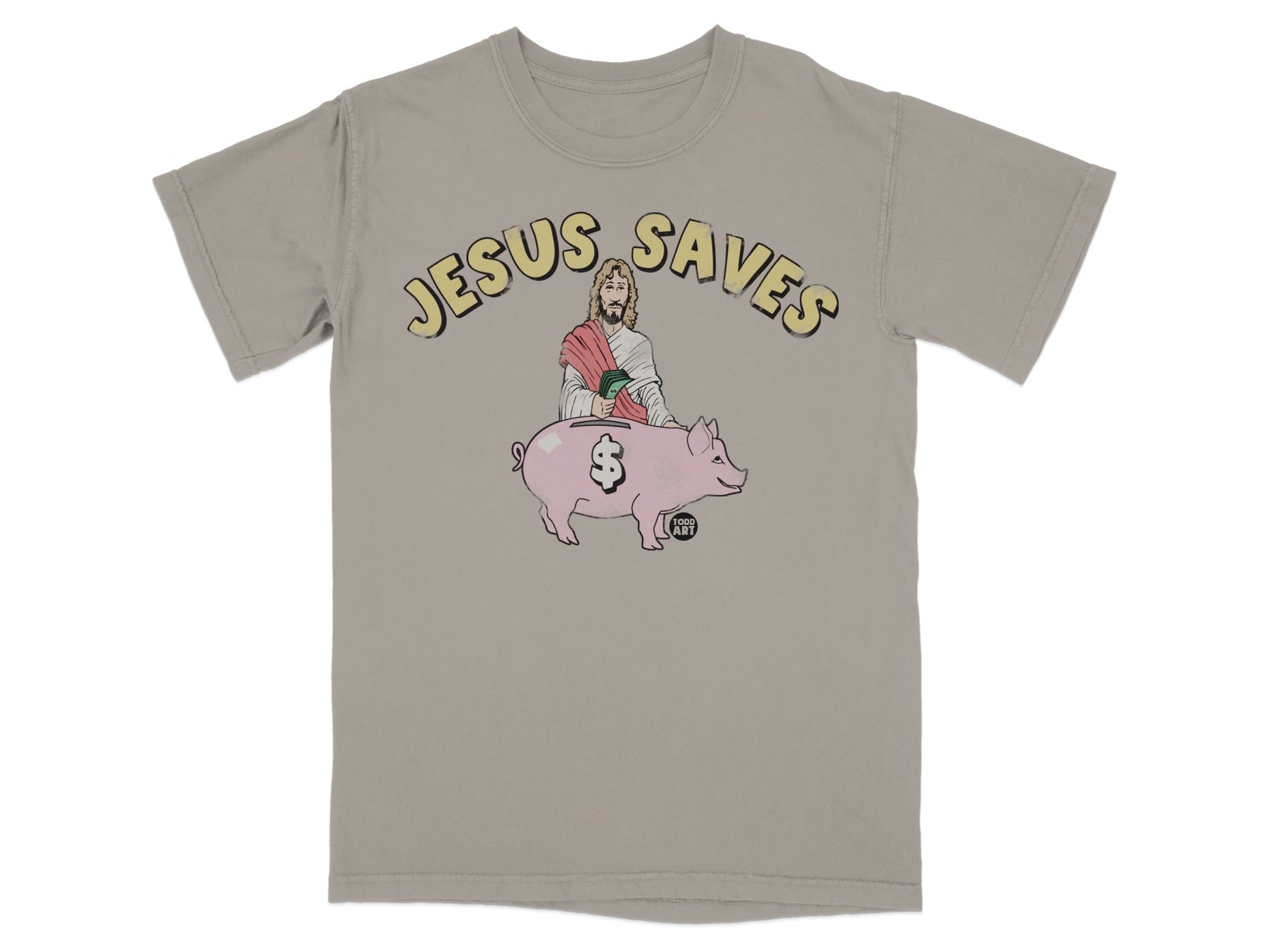 T-shirt graphic: Jesus with halo on piggy bank, "Jesus Saves" text.