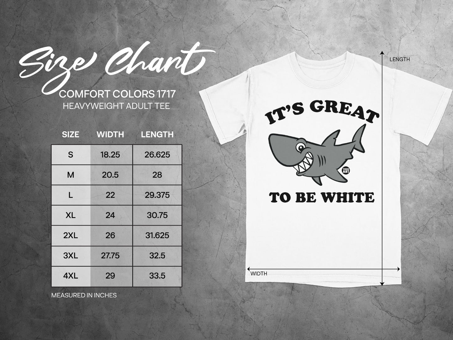 Comfort Colors 1717 heavyweight adult tee size chart with dimensions.