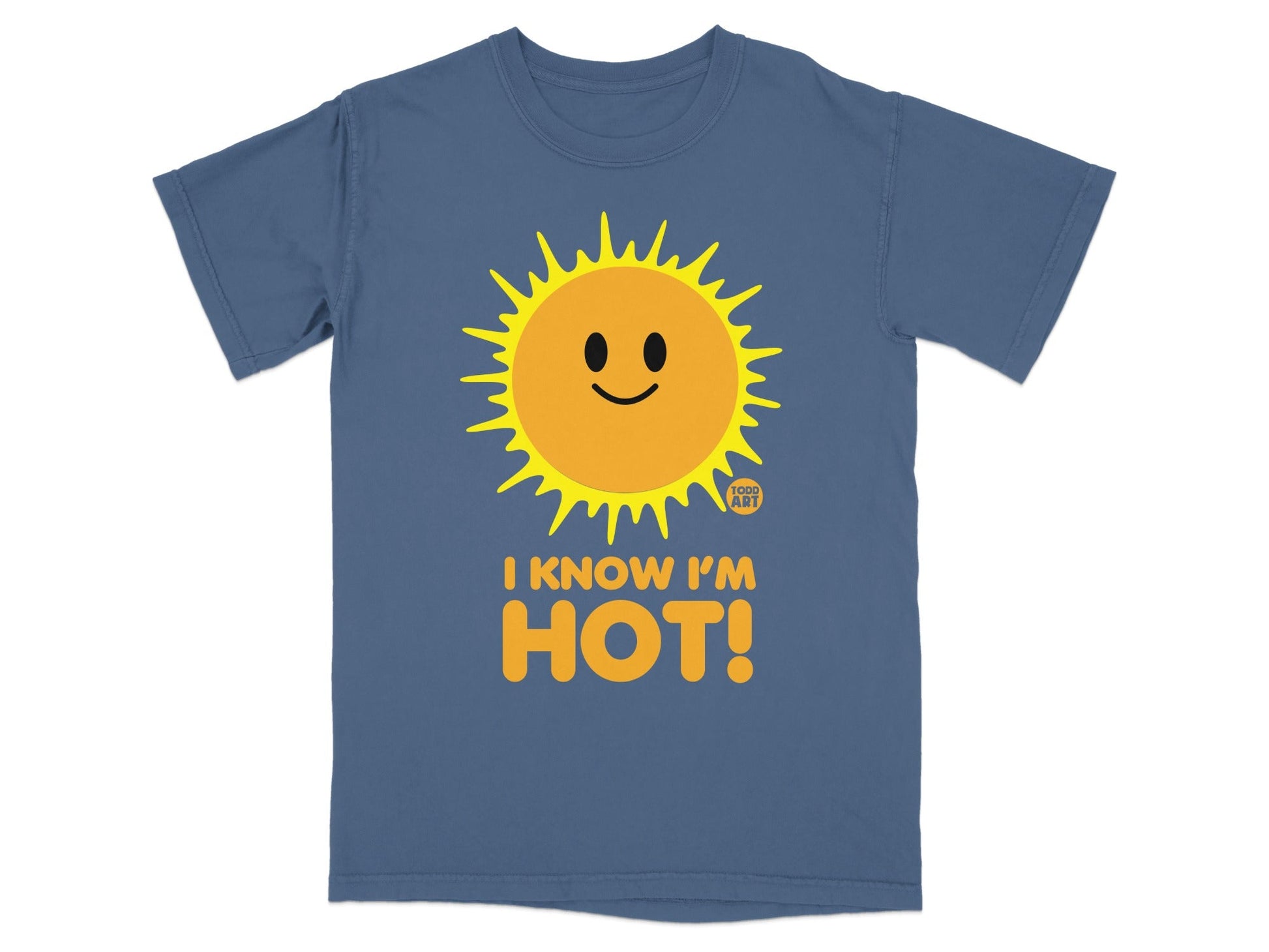 Blue t-shirt with a smiling sun graphic and "I KNOW I'M HOT!" text.