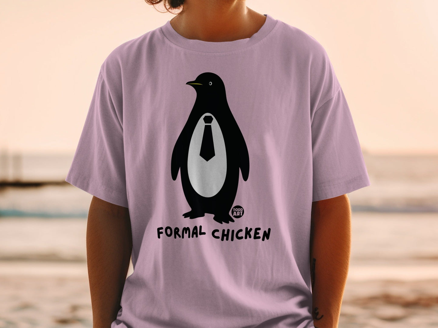 T-shirt with a formal penguin wearing a tie, with "TODD ART" and "FORMAL CHICKEN" text.