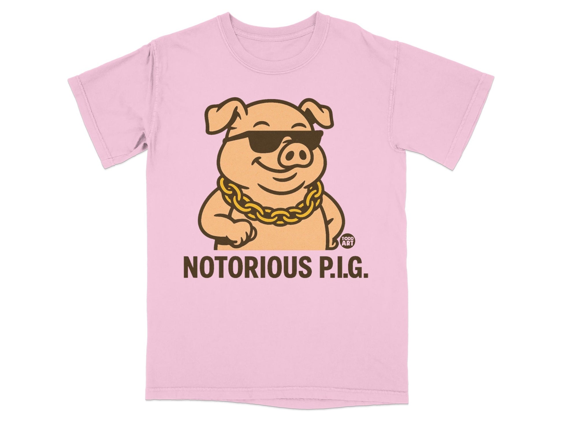 Pink t-shirt with cartoon pig wearing sunglasses and gold chain, "NOTORIOUS P.I.G." text.