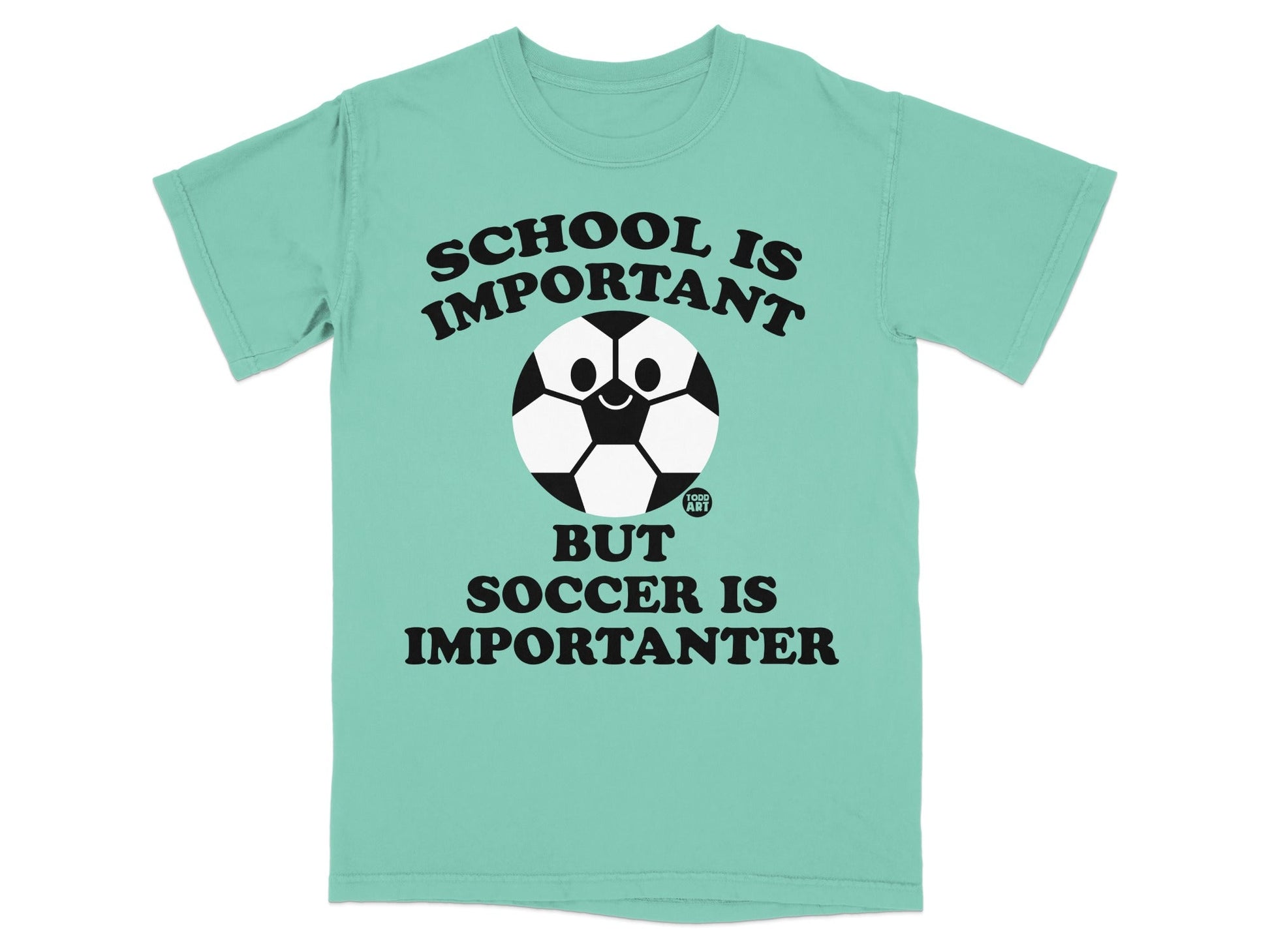Teal t-shirt with "School is Important but Soccer is Importanter" and a smiling soccer ball.