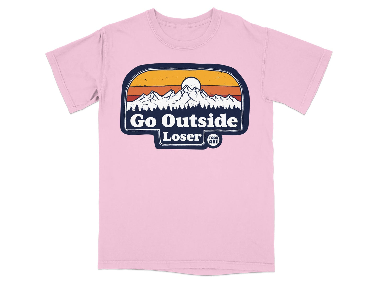 Pink t-shirt with "Go Outside Loser" mountain sunset graphic.