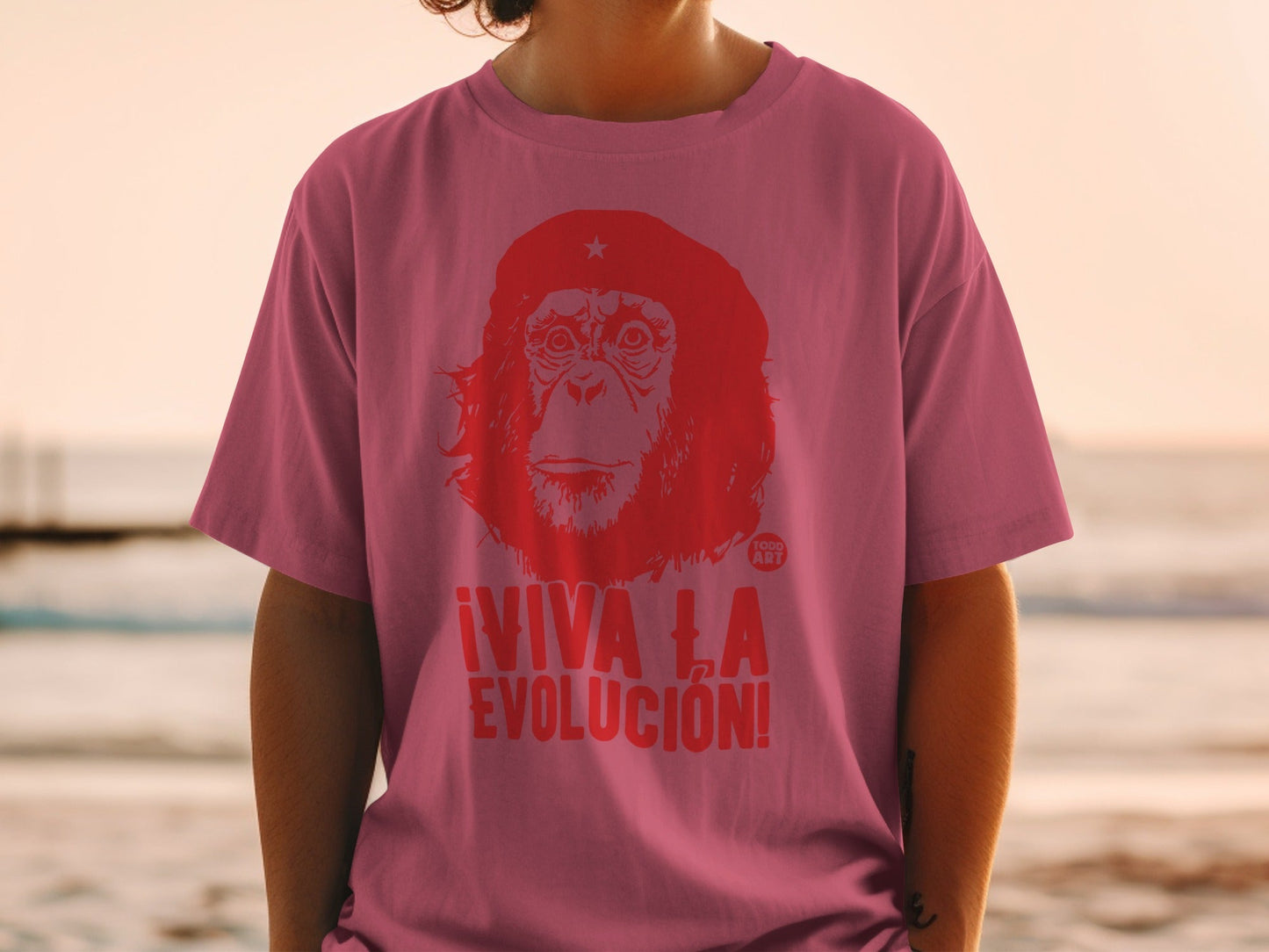 Red graphic of a monkey in a beret and "¬°VIVA LA EVOLUCI√ìN!" text on a pink t-shirt.