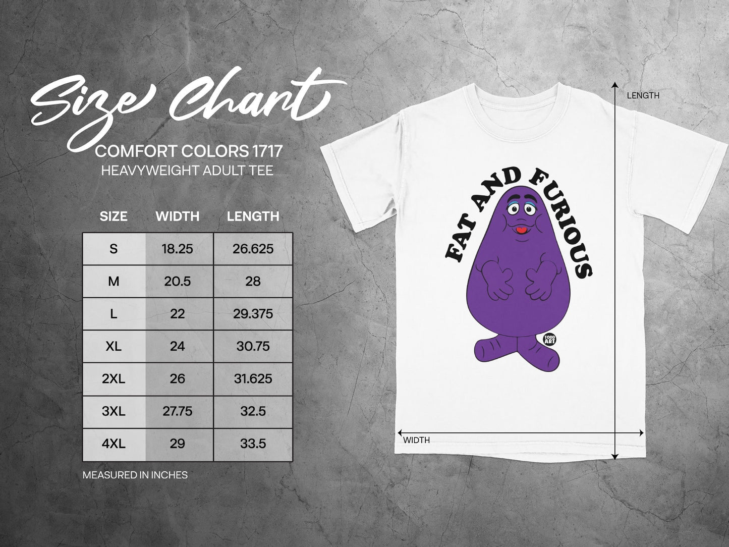 Size chart for Comfort Colors 1717 heavyweight adult tee, with Grimace graphic.
