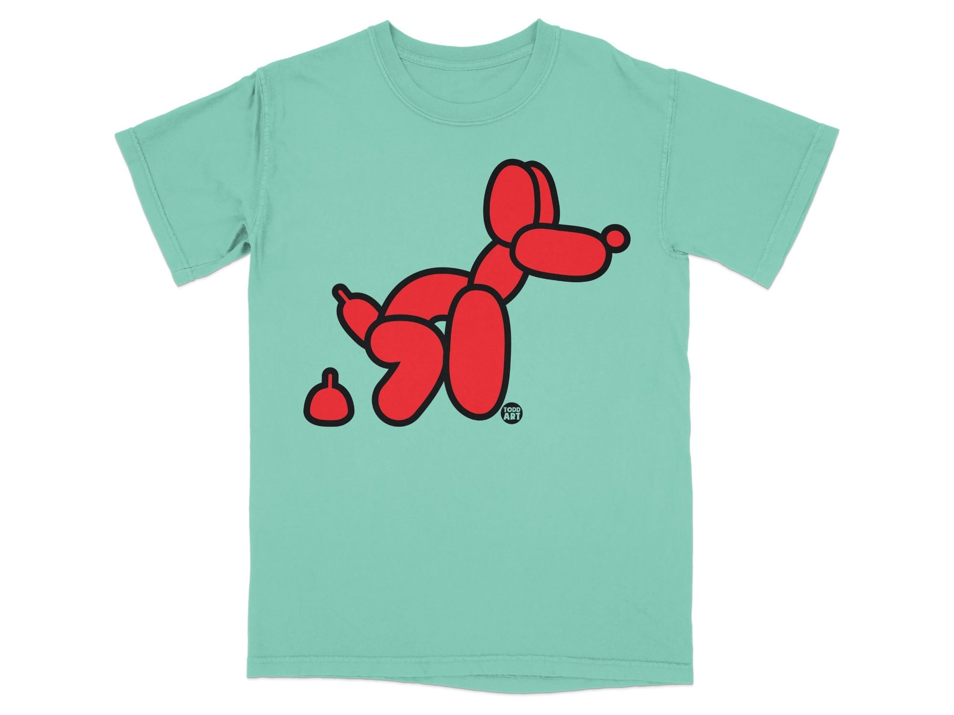 Teal t-shirt with red balloon dog and a piece of red poop.