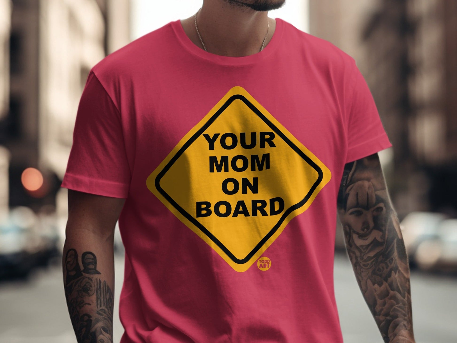 Yellow diamond sign with black border and text "YOUR MOM ON BOARD".