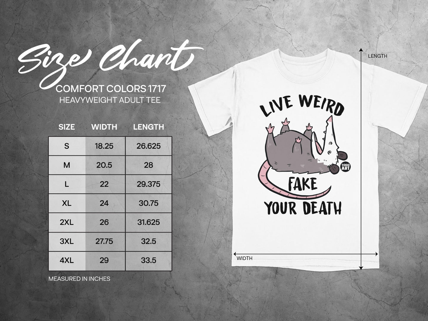 Comfort Colors 1717 heavyweight t-shirt size chart with live weird fake your death graphic.