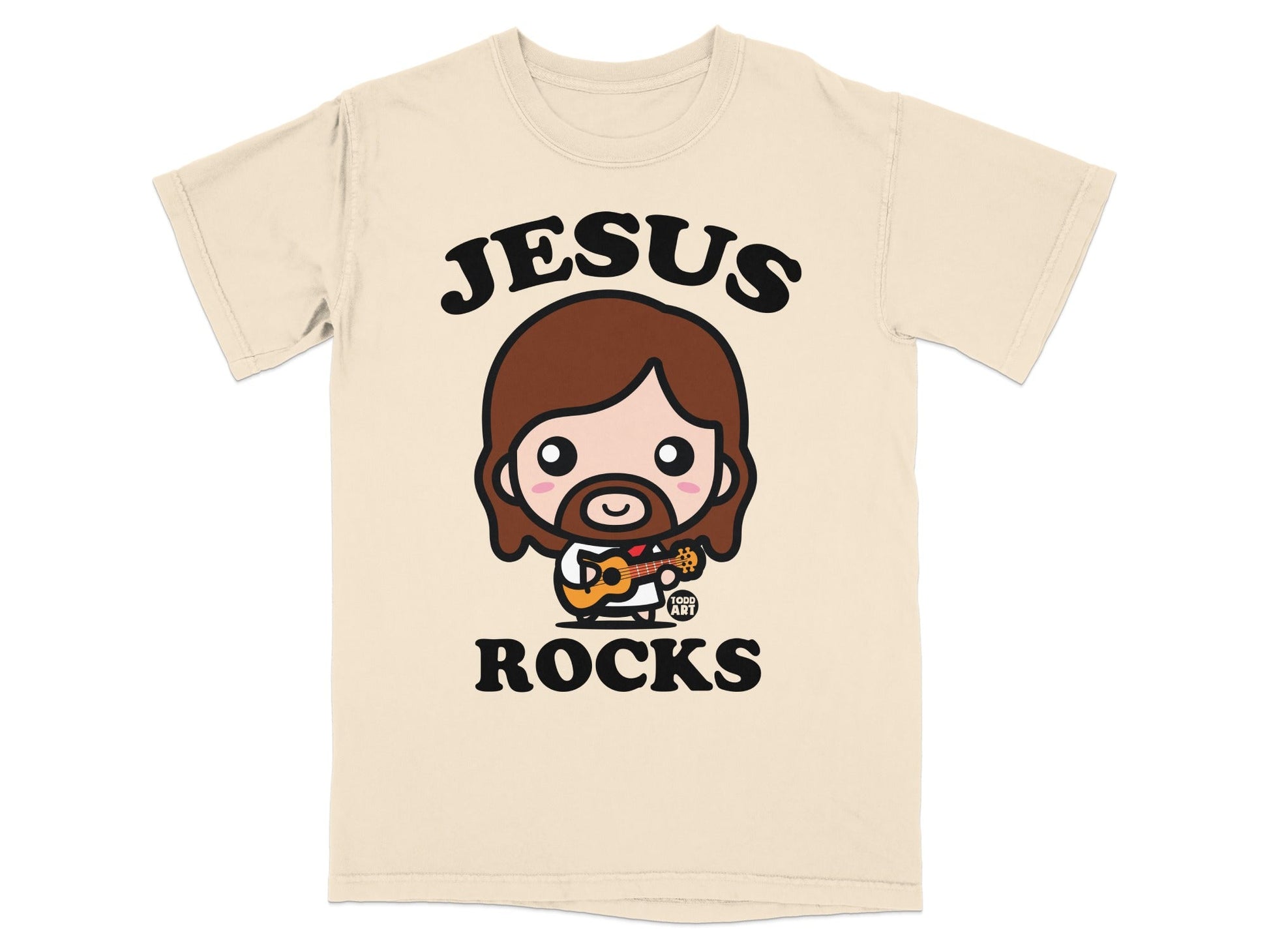 Chibi Jesus playing guitar with "Jesus Rocks" text.