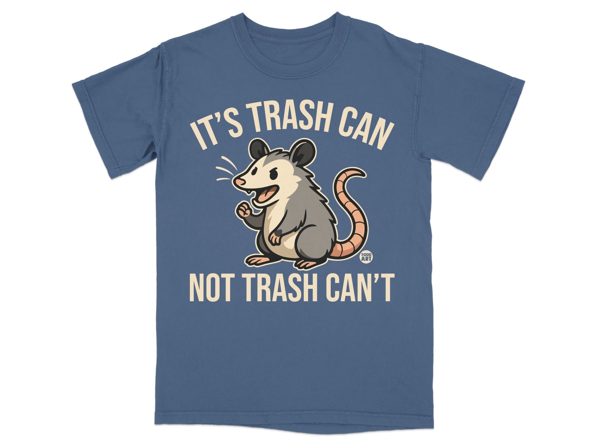 Blue t-shirt with opossum graphic and text "IT'S TRASH CAN NOT TRASH CAN'T".