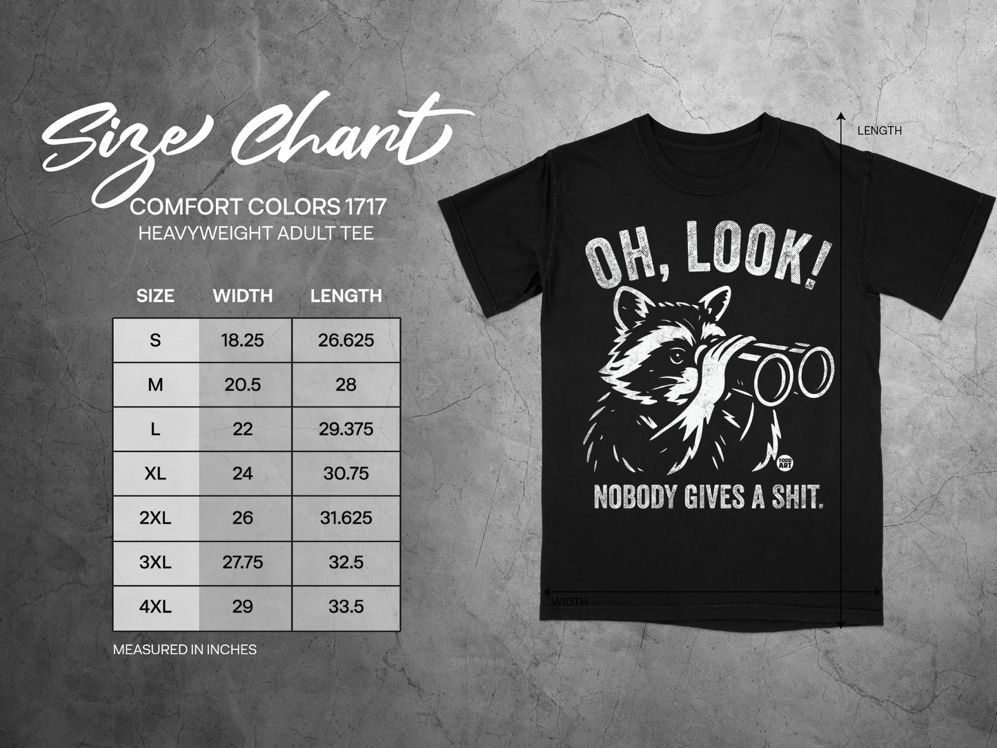 Comfort Colors 1717 heavyweight adult tee size chart with measurements.