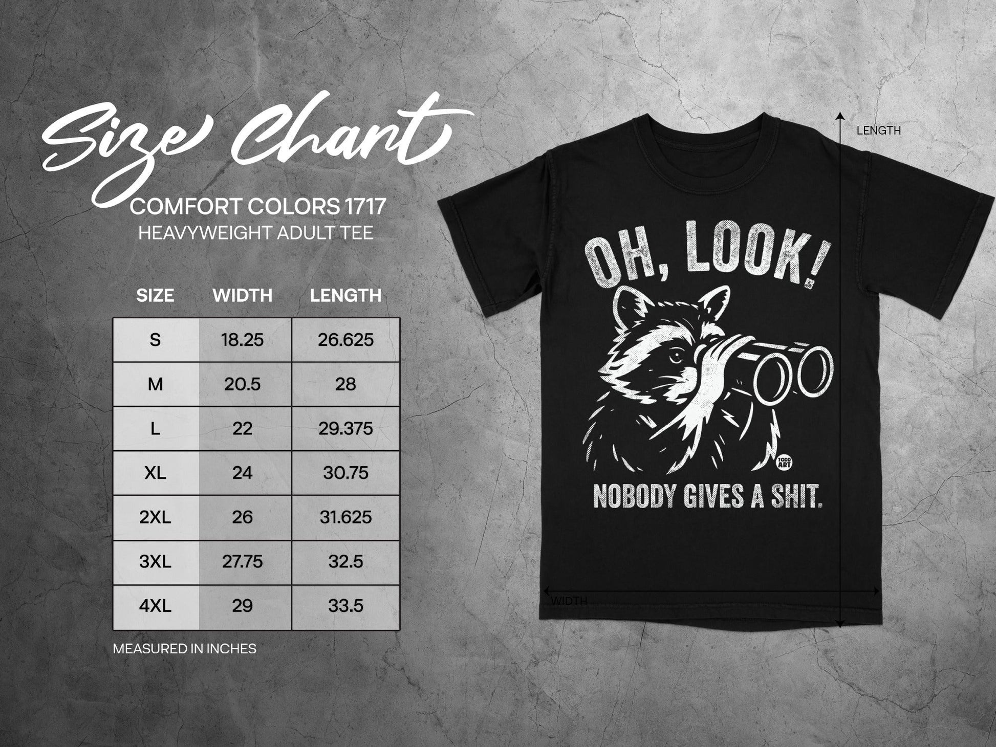 Comfort Colors 1717 heavyweight adult tee size chart with measurements.