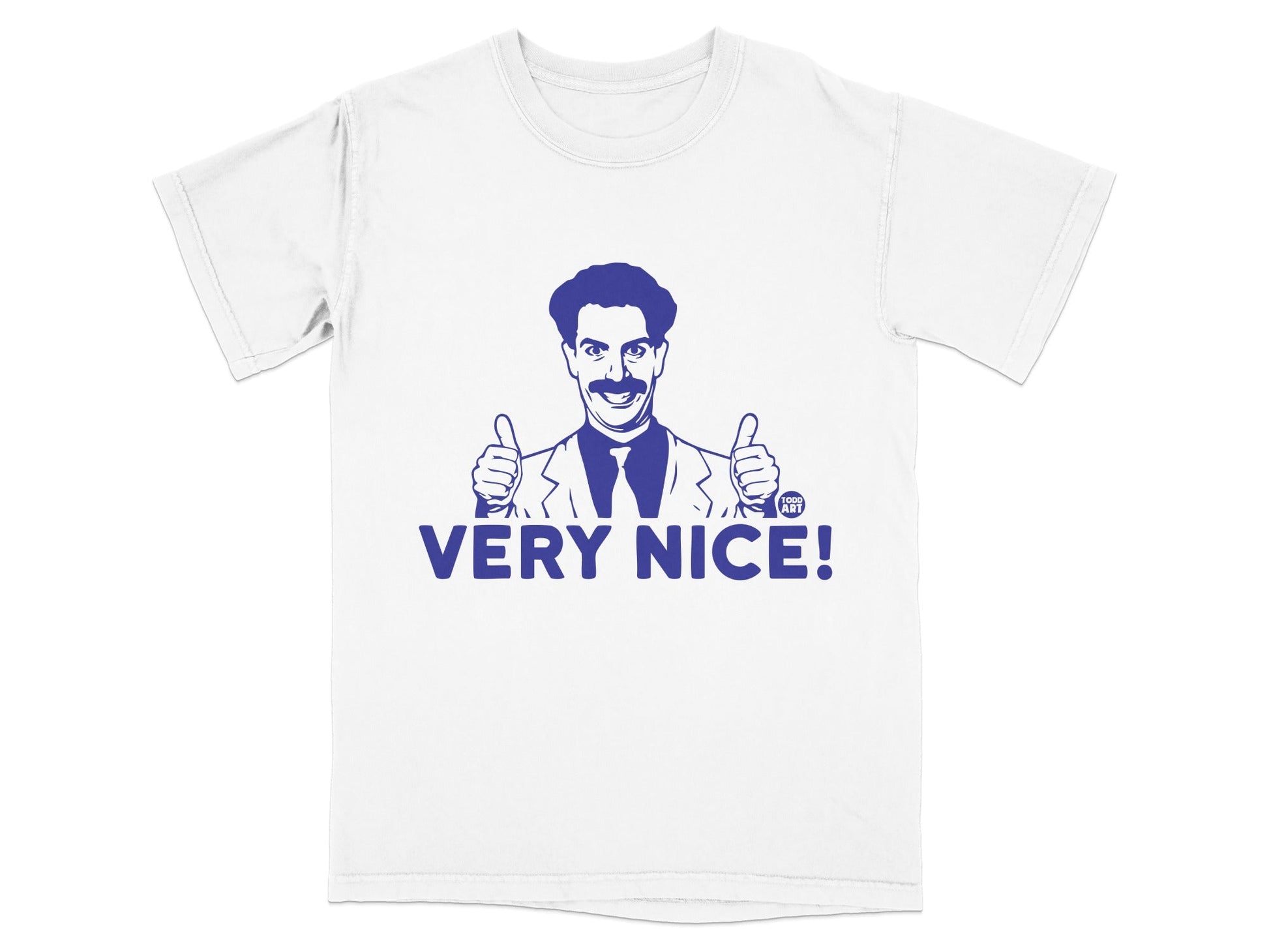 White t-shirt with blue graphic of Borat giving two thumbs up and saying "VERY NICE!".