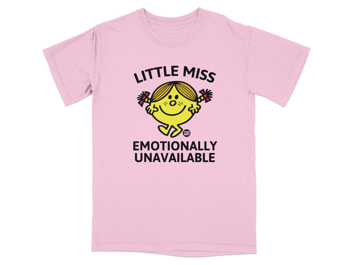 Pink t-shirt with "Little Miss Emotionally Unavailable" graphic.