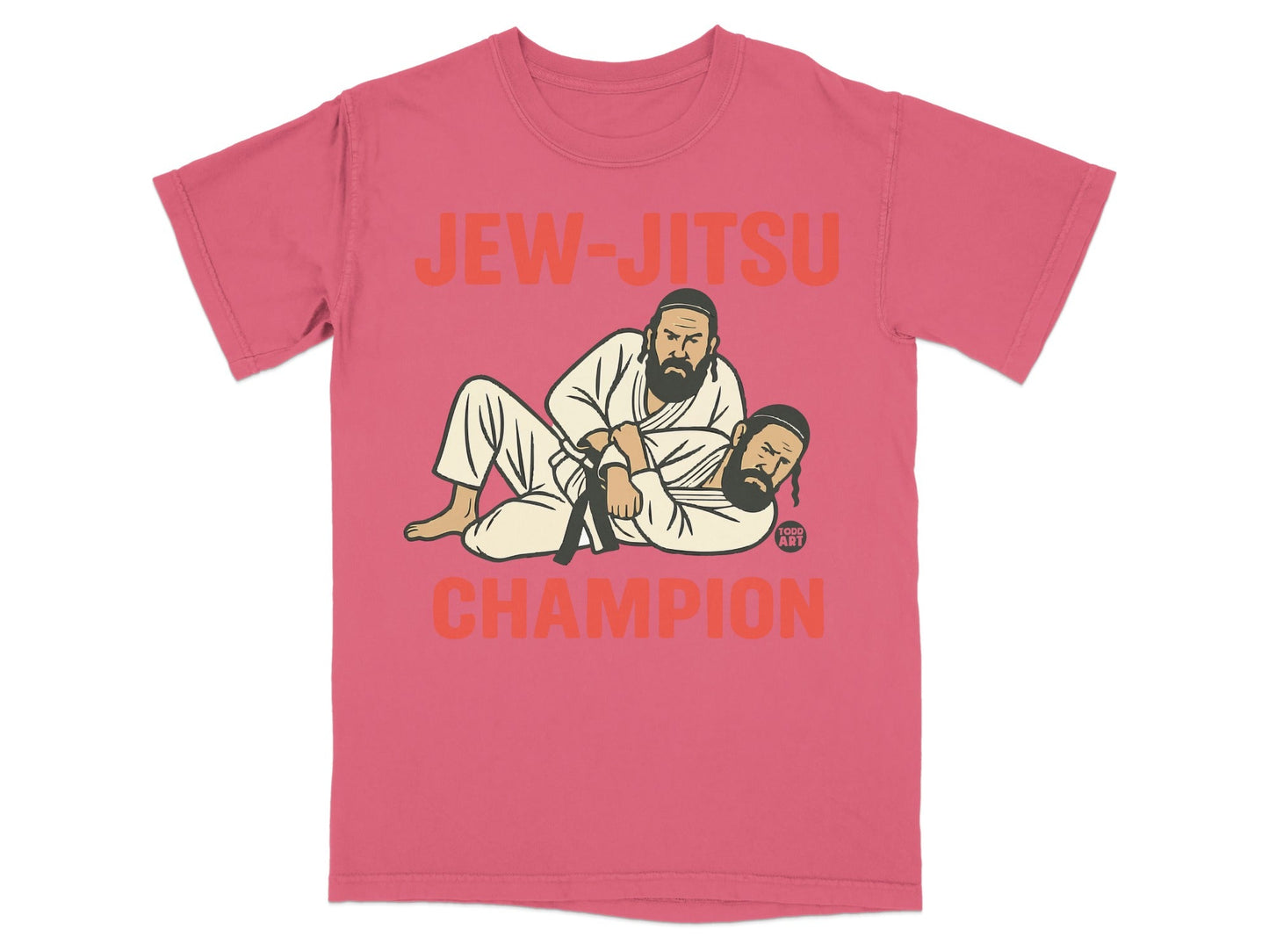 T-shirt graphic: Two men in judo gis practice grappling, text "JEW-JITSU CHAMPION".