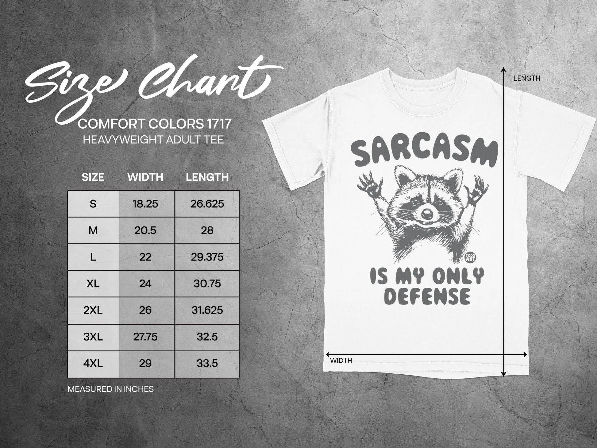 Comfort Colors 1717 size chart for heavyweight adult tee with raccoon graphic.