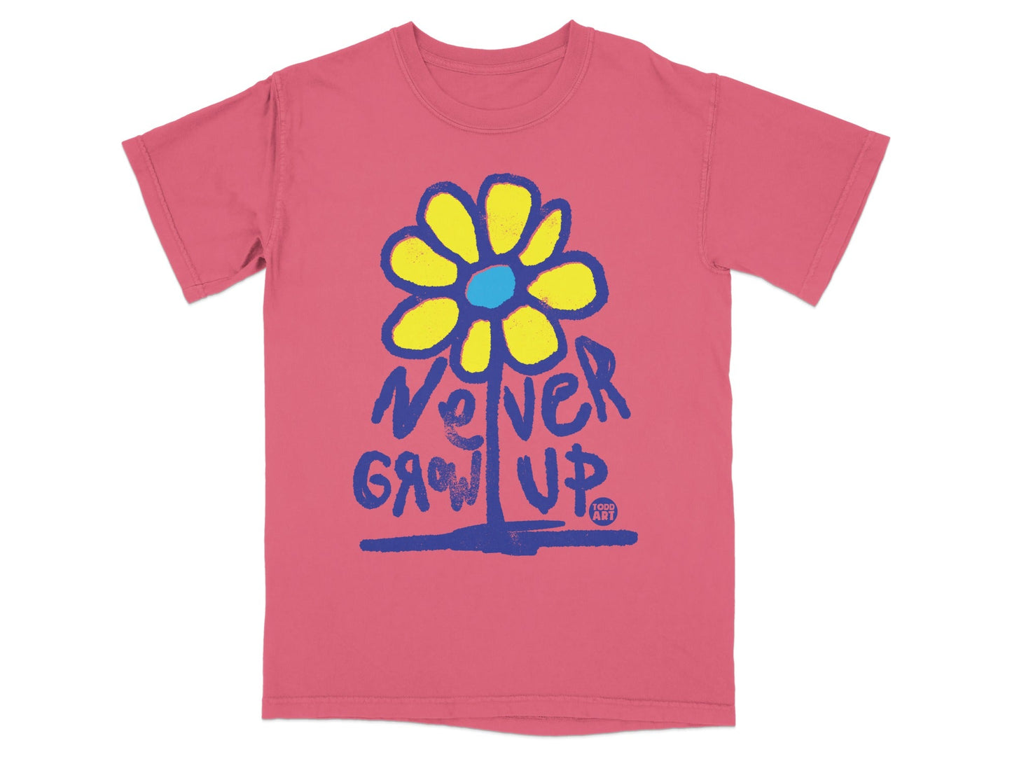 Pink t-shirt with a yellow flower and "Never Grow Up" text.