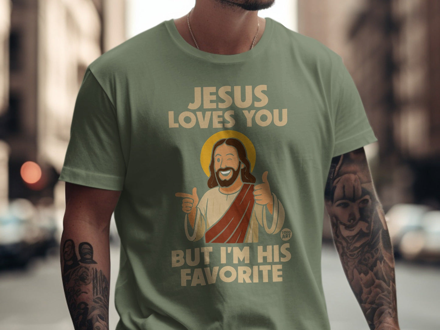Jesus graphic tee with text "Jesus Loves You But I'm His Favorite".