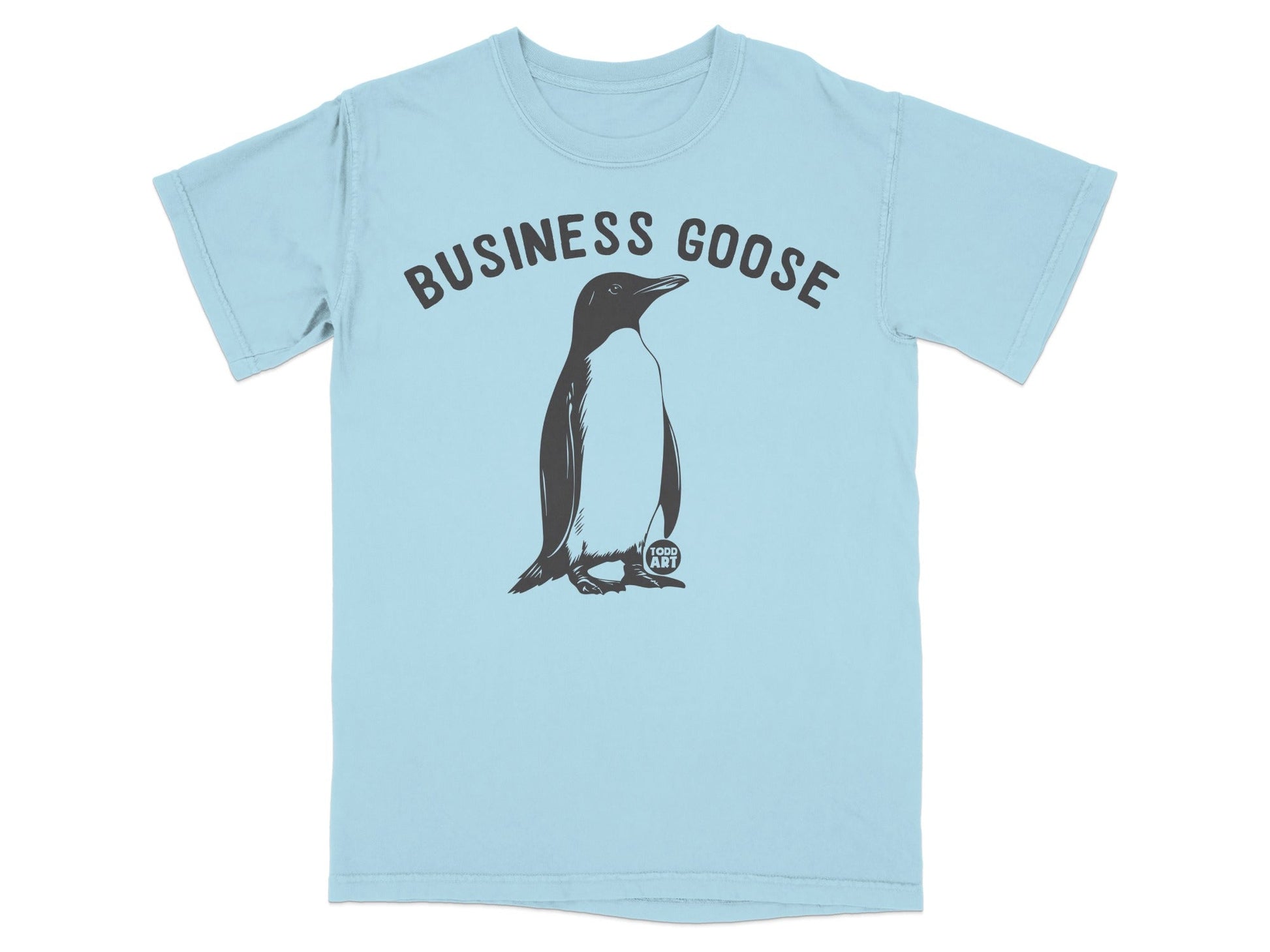Light blue t-shirt with a penguin and "BUSINESS GOOSE" text.