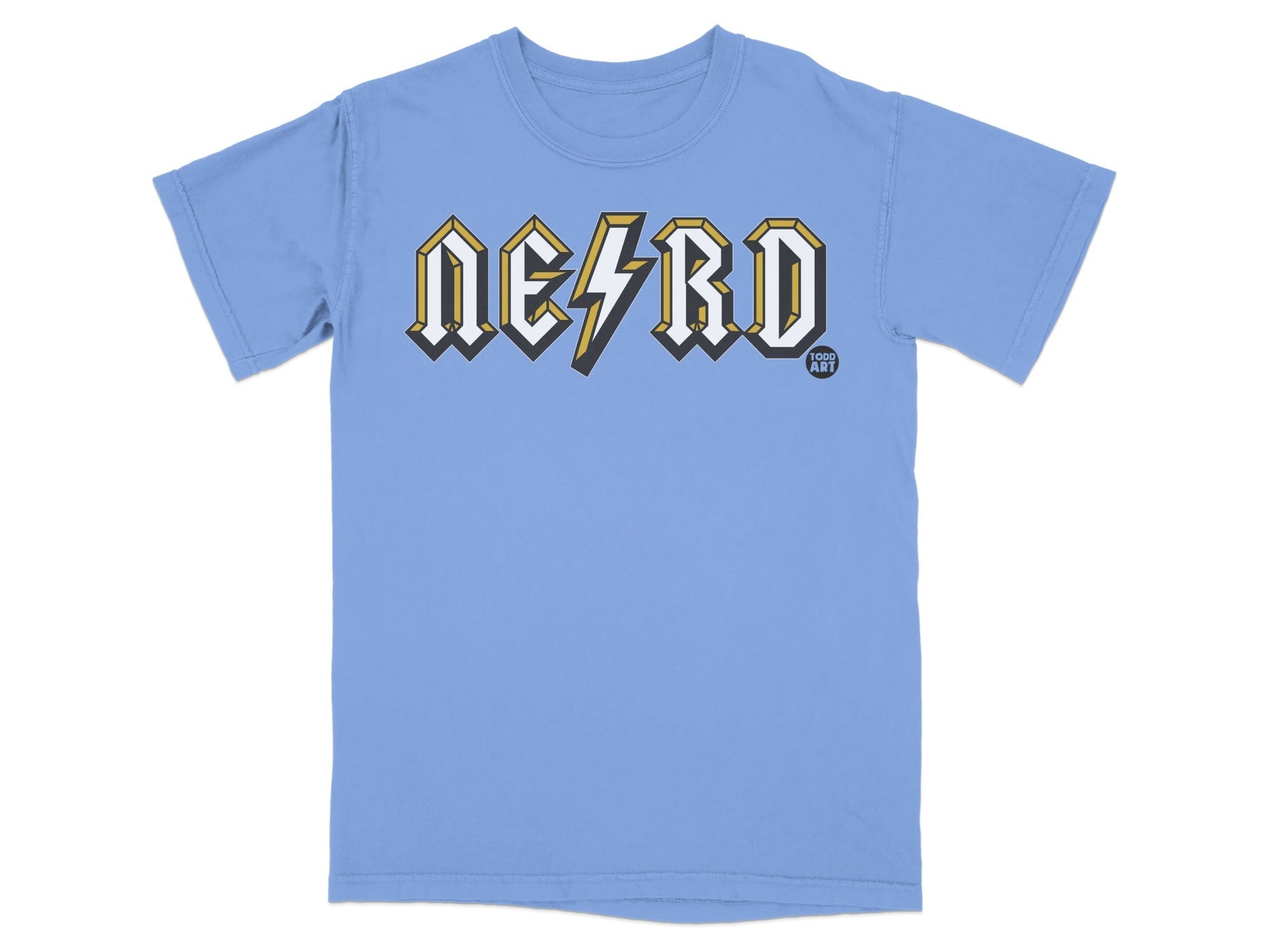 Light blue t-shirt with "NERD" in yellow and white lightning bolt style font.