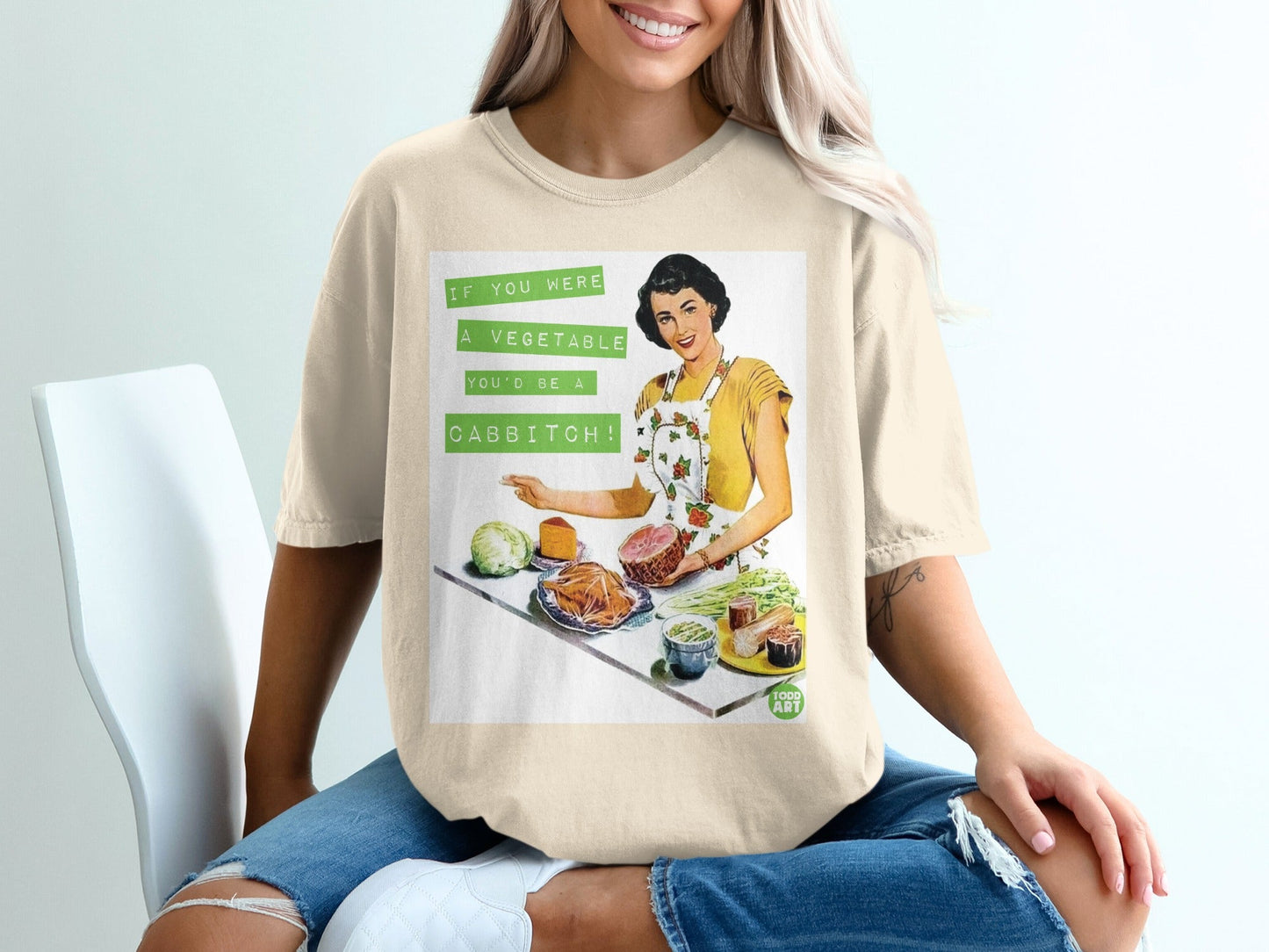 T-shirt graphic: woman in apron with text "If you were a vegetable, I'd eat you."