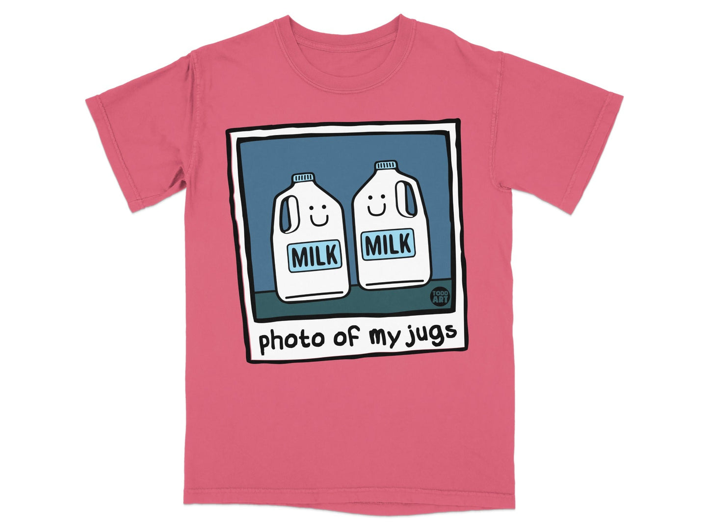 T-shirt with cartoon milk jugs and "photo of my jugs" text.