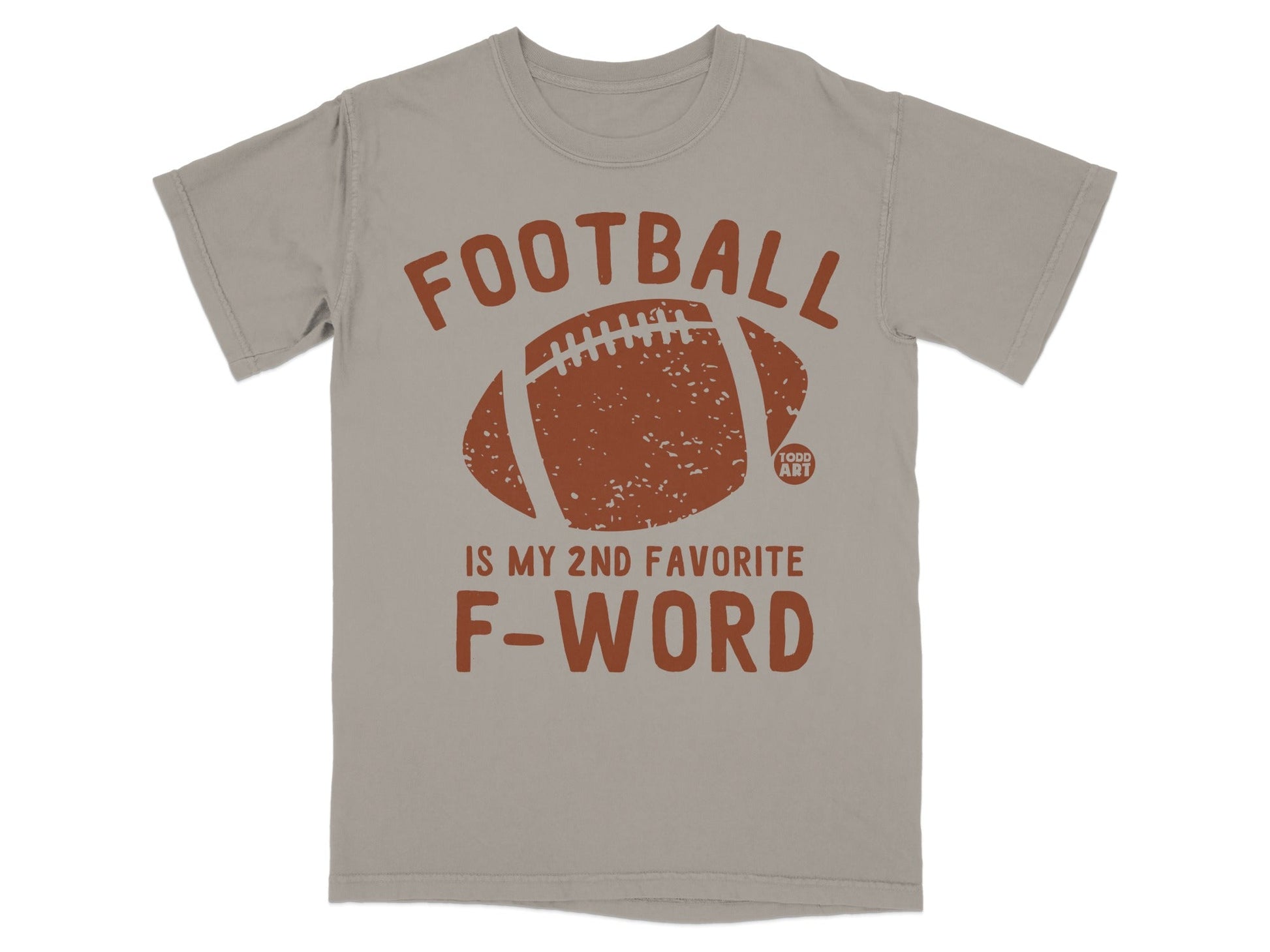 Gray t-shirt with distressed football graphic and text "FOOTBALL IS MY 2ND FAVORITE F-WORD".