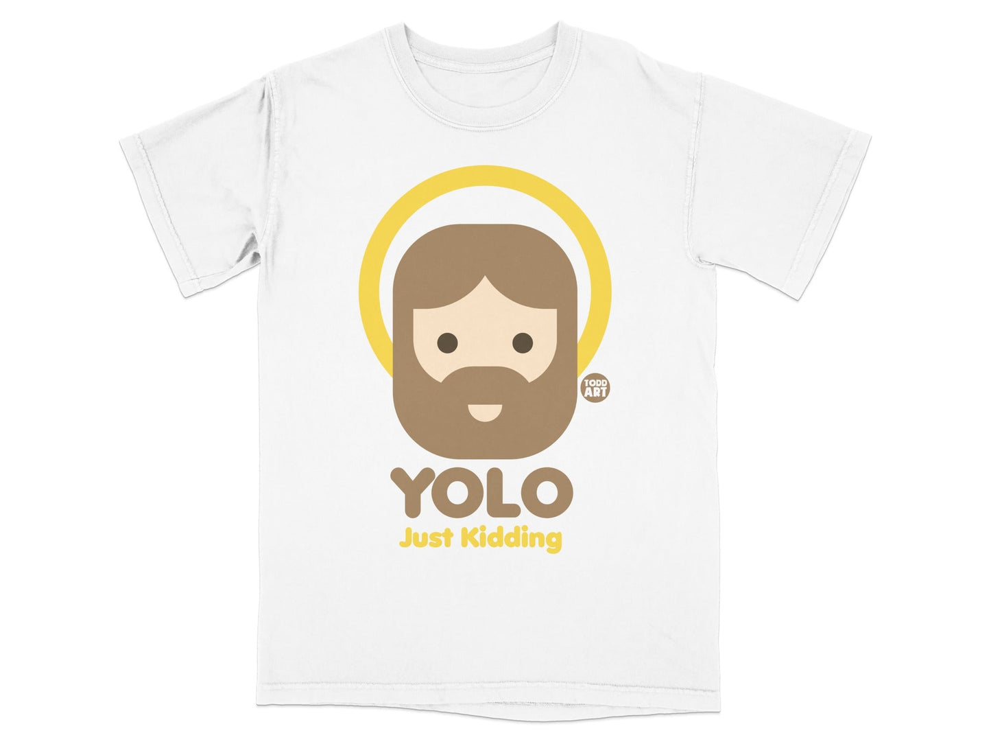 White t-shirt with "YOLO Just Kidding" and cartoon haloed figure.