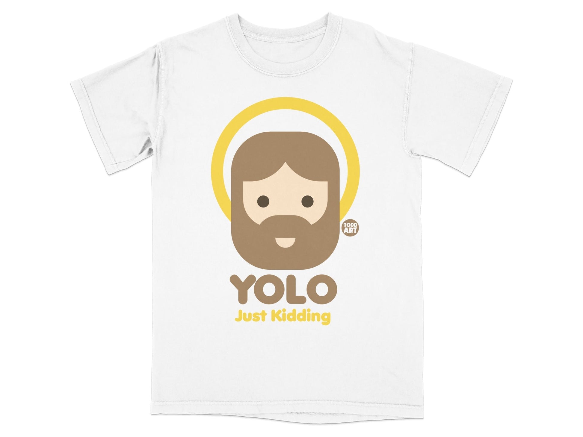White t-shirt with "YOLO Just Kidding" and cartoon haloed figure.