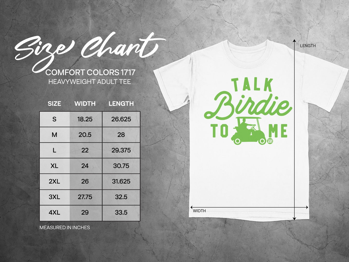 Comfort Colors 1717 heavyweight adult tee size chart with shirt graphic.