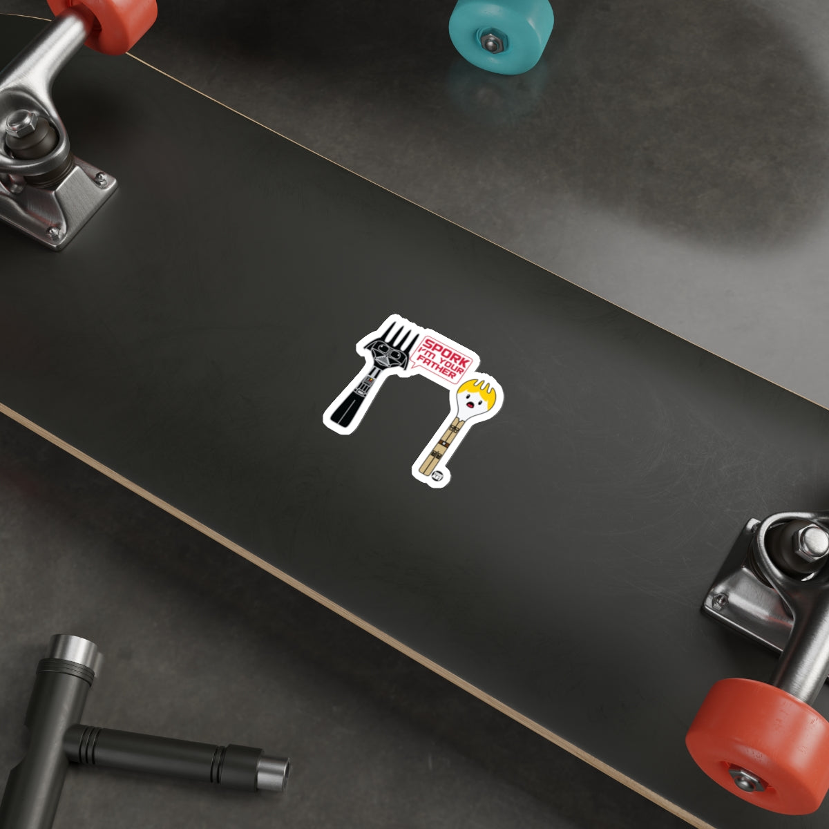 Spork My Father Sticker on Black Skateboard