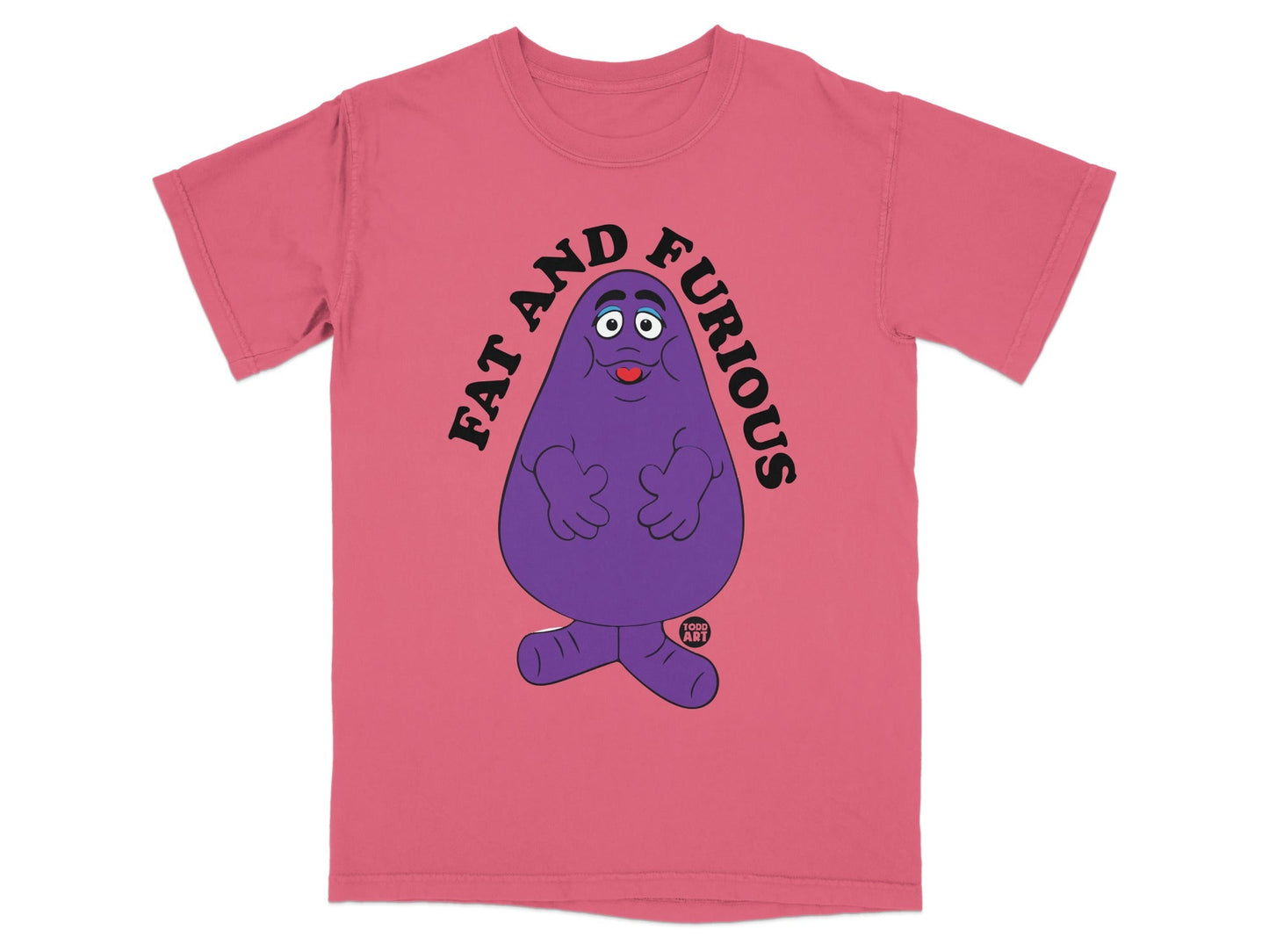Pink t-shirt with Grimace character and text "FAT AND FURIOUS".