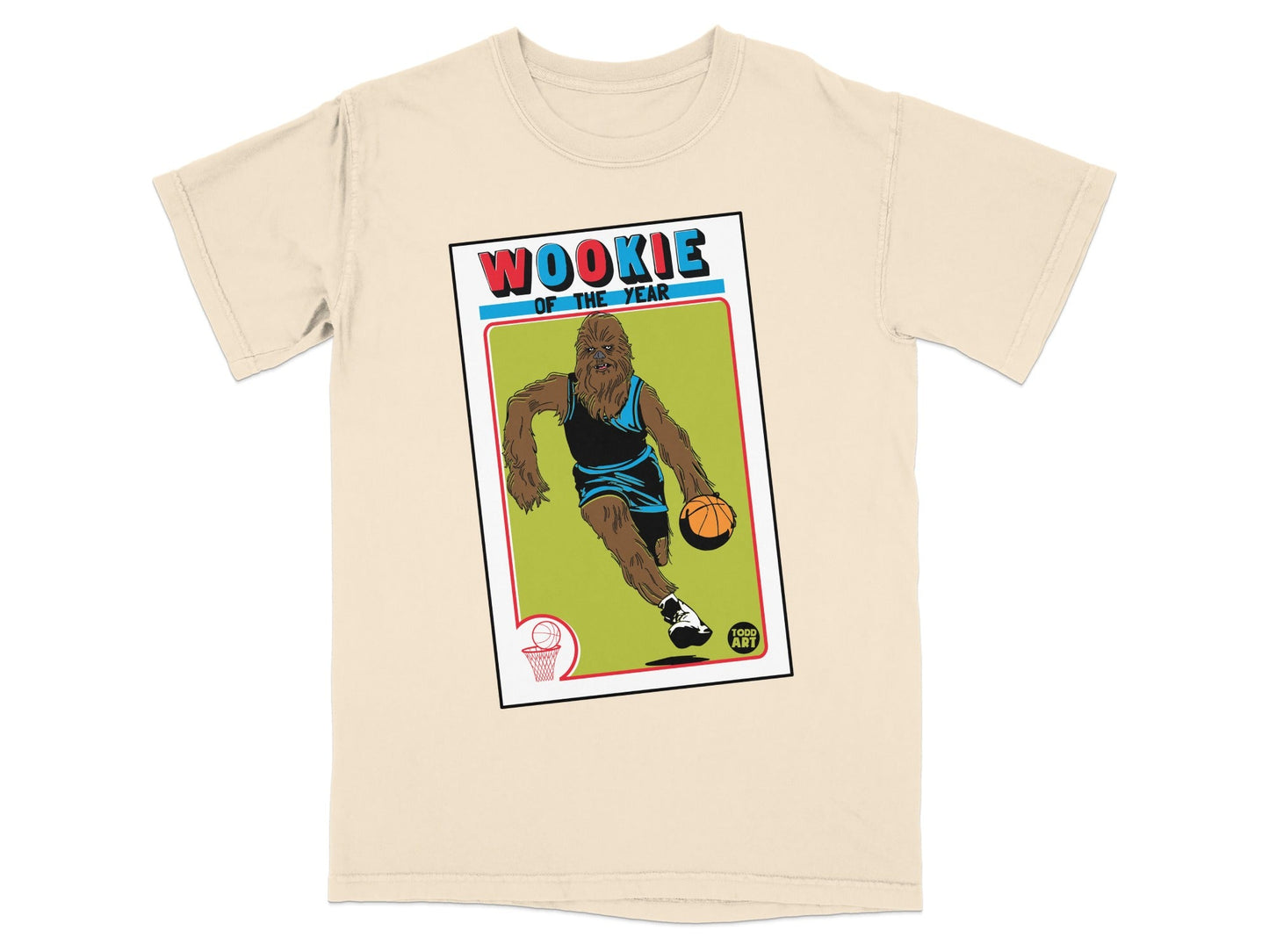 Chewbacca in a basketball uniform on a trading card design, beige t-shirt.
